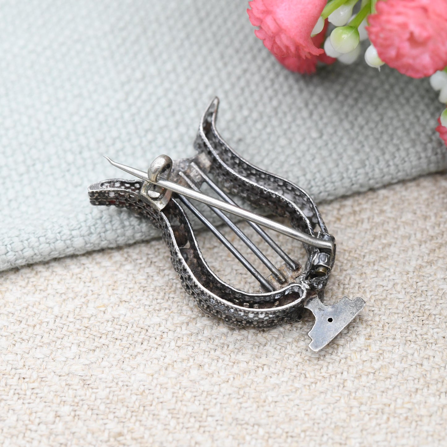 Antique Silver and Paste Lyre Brooch with Engraved Detail - Victorian Sparkly Dress Jewellery | Harp Musical Instrument Theme