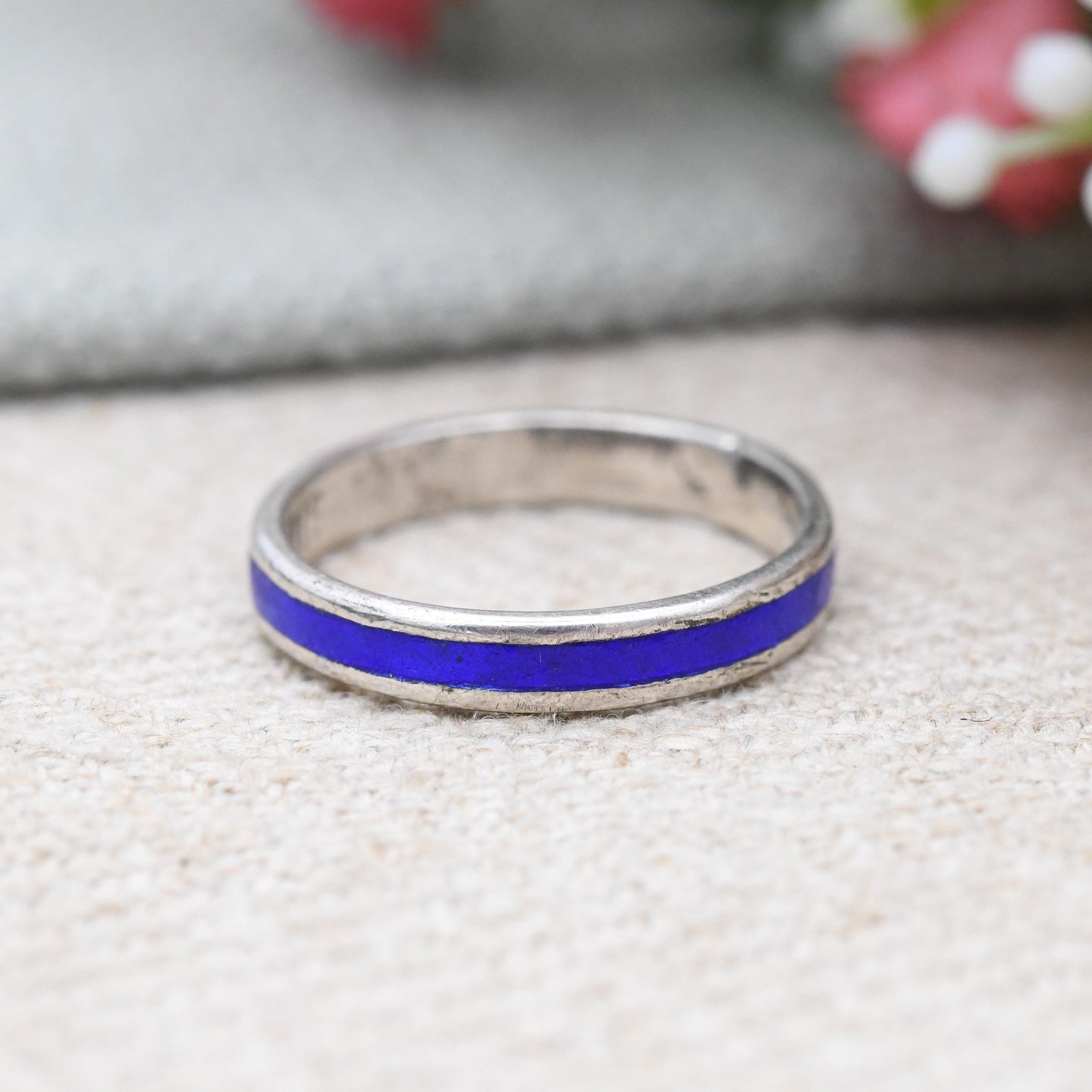 Vintage Sterling Silver Blue Enamel Band Ring - Unisex Colourful Pinkie Ring Small Size | UK Size - K | US Size - 5 1/4
