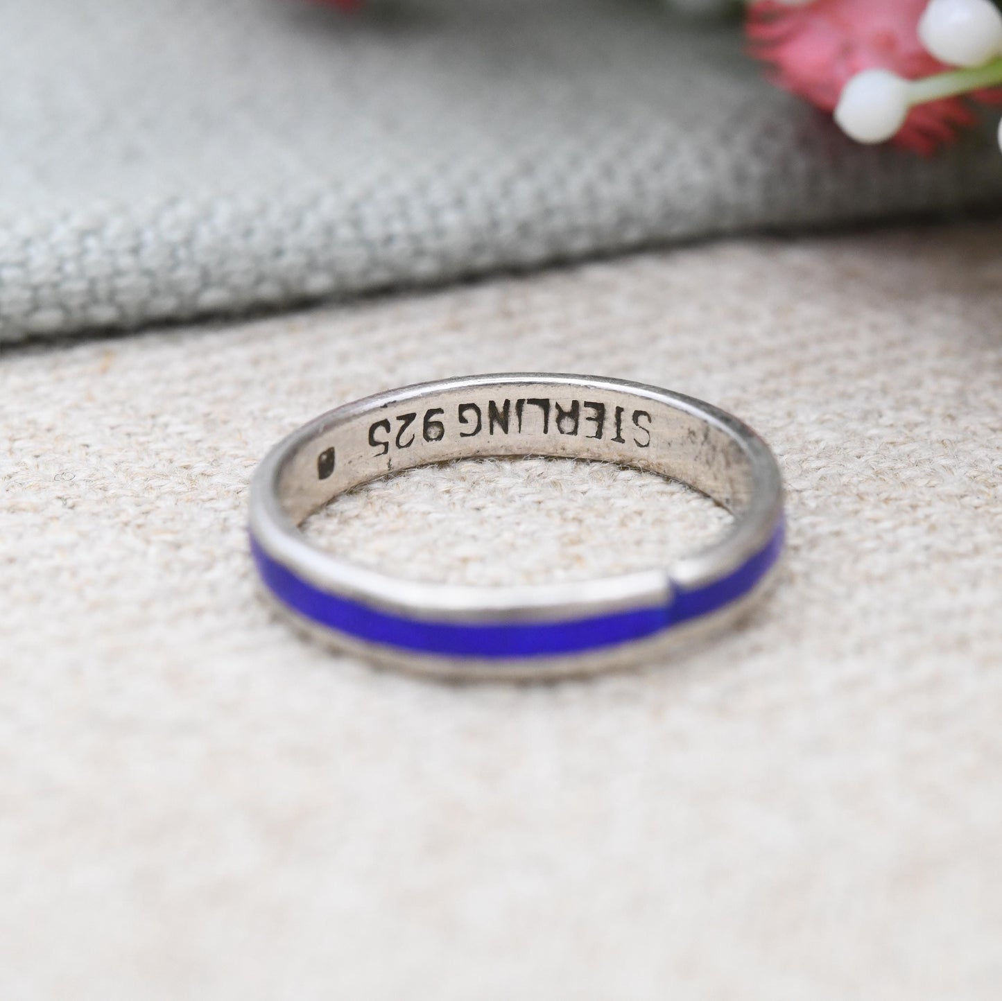 Vintage Sterling Silver Blue Enamel Band Ring - Unisex Colourful Pinkie Ring Small Size | UK Size - K | US Size - 5 1/4