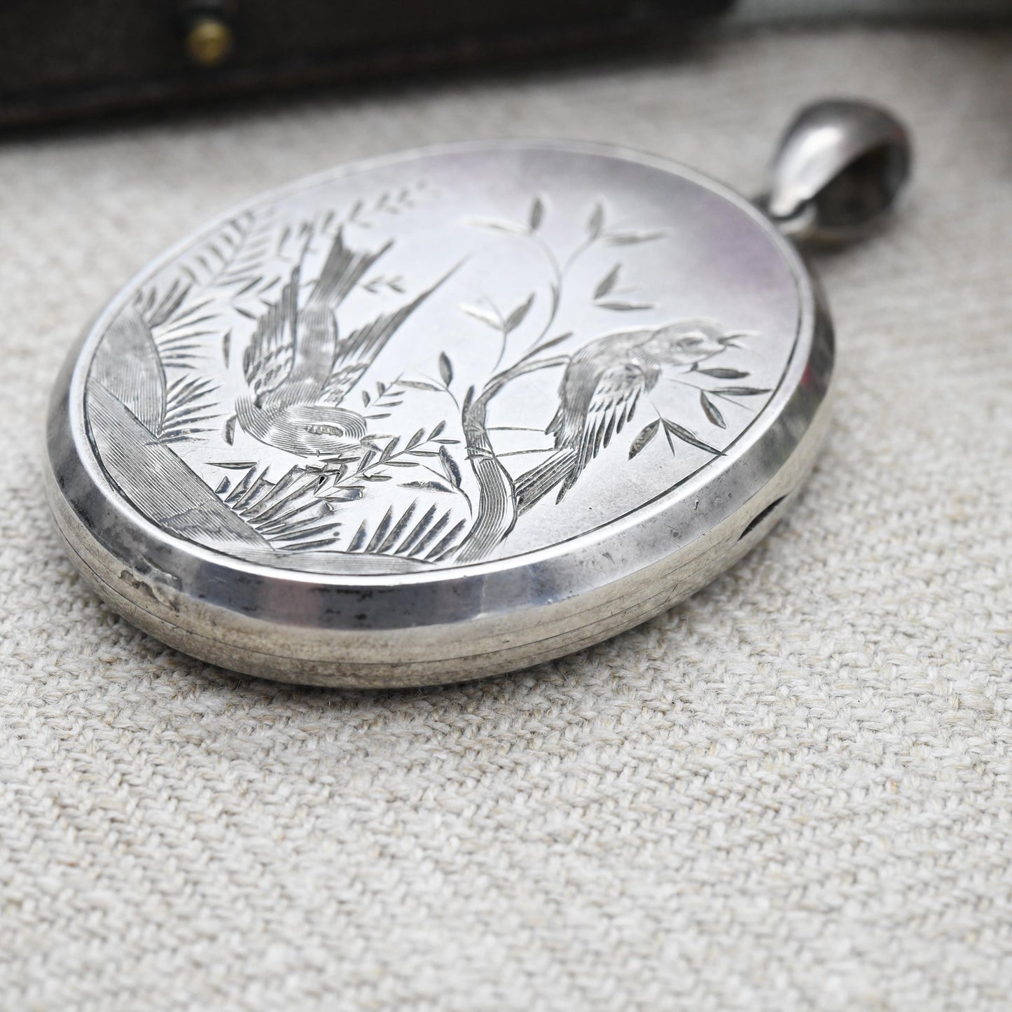 Antique Victorian Sterling Silver Locket with Swallows Aesthetic Movement - Large Oval Pendant Hand Engraved | Hairwork and Picture Inside