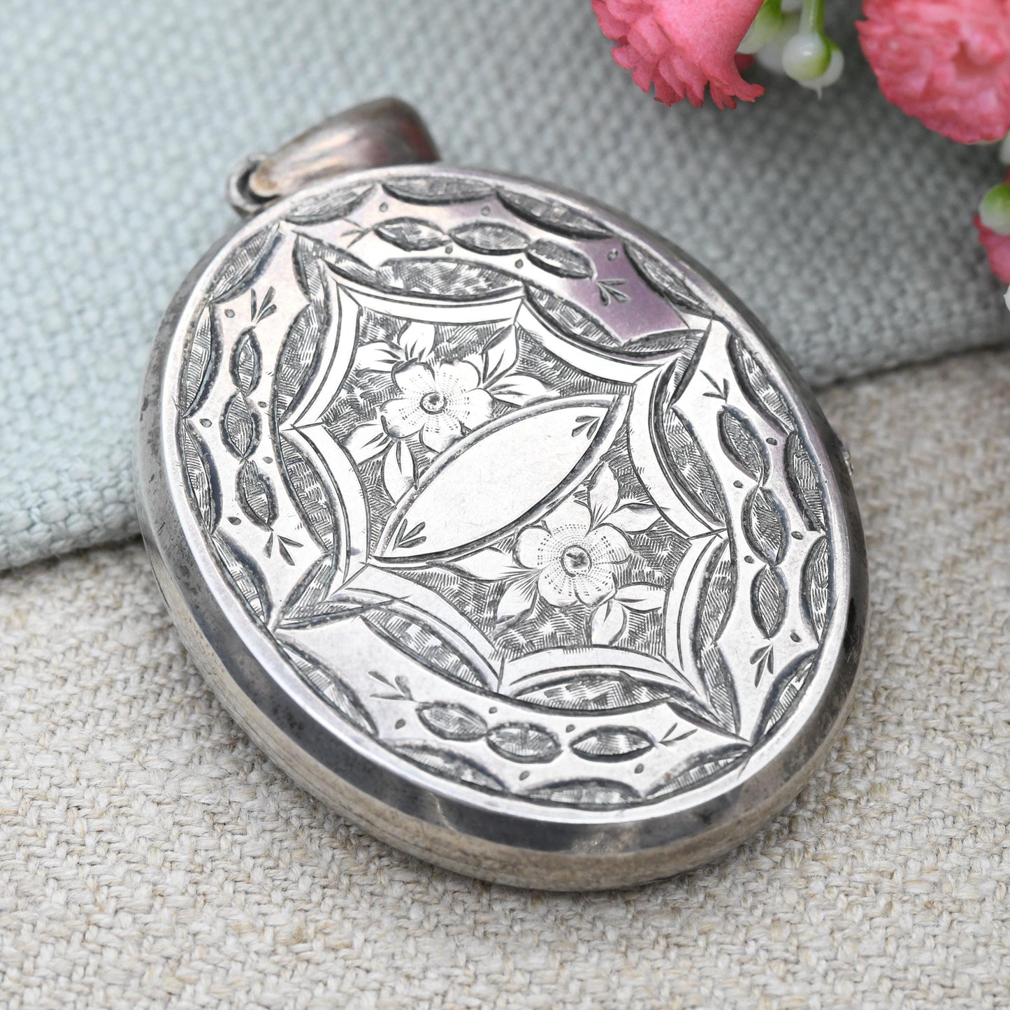 Antique Victorian Sterling Silver Locket with Swallows Aesthetic Movement - Large Oval Pendant Hand Engraved | Hairwork and Picture Inside