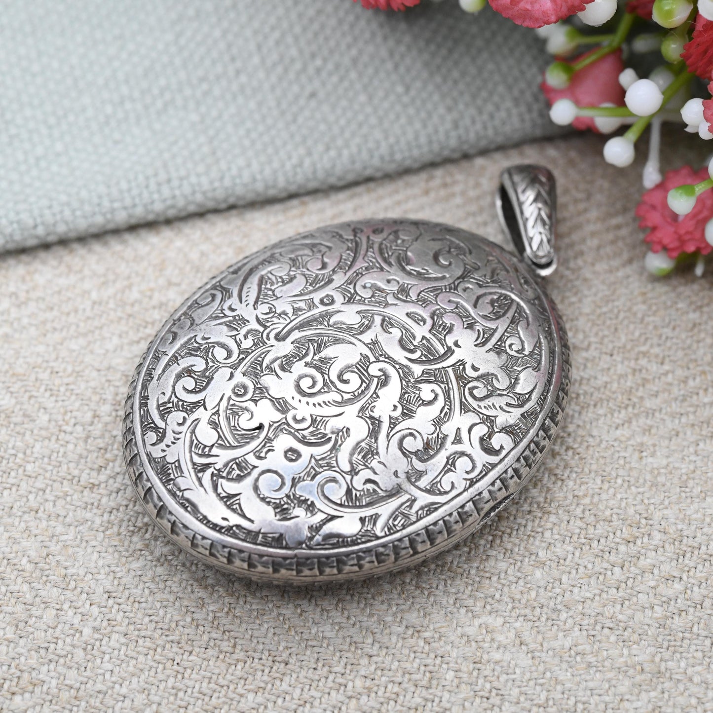 Antique Victorian Sterling Silver Locket 1878 with Hand Engraved Scrolling Design - Rounded Large Oval Flower Pendant Hallmark Solid Silver