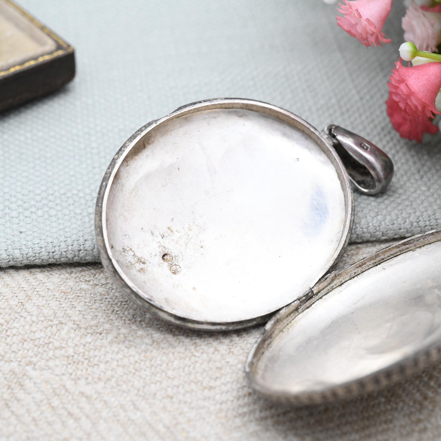 Antique Victorian Sterling Silver Locket 1878 with Hand Engraved Scrolling Design - Rounded Large Oval Flower Pendant Hallmark Solid Silver