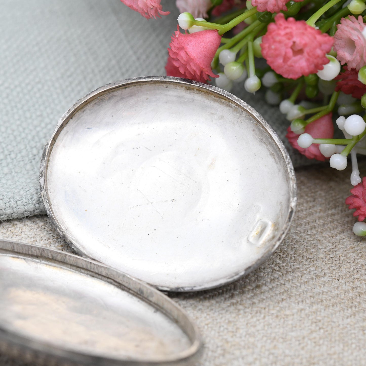 Antique Victorian Sterling Silver Locket 1878 with Hand Engraved Scrolling Design - Rounded Large Oval Flower Pendant Hallmark Solid Silver