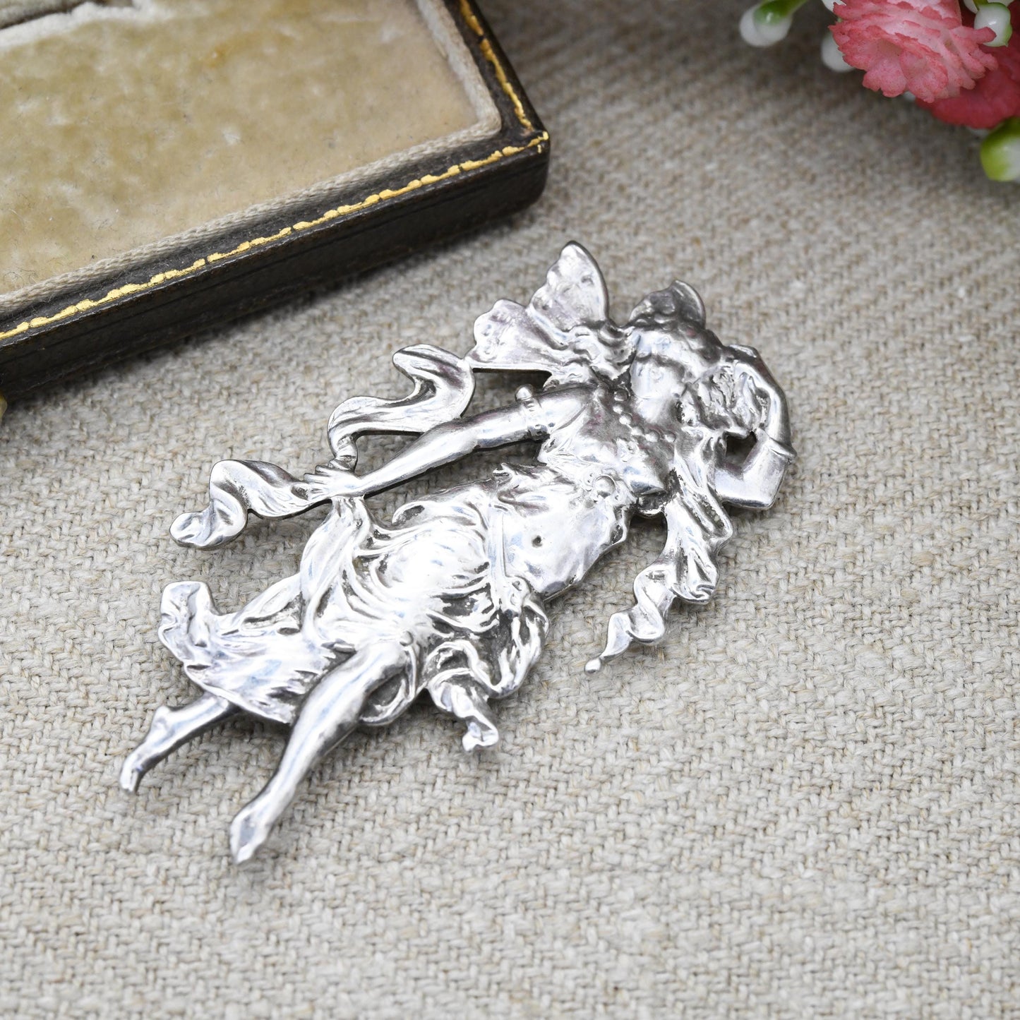 Vintage Mid-Century Art Nouveau Style Fairy Brooch - Butterfly Girl with Wings | Large Figural Silver Tone Jewellery