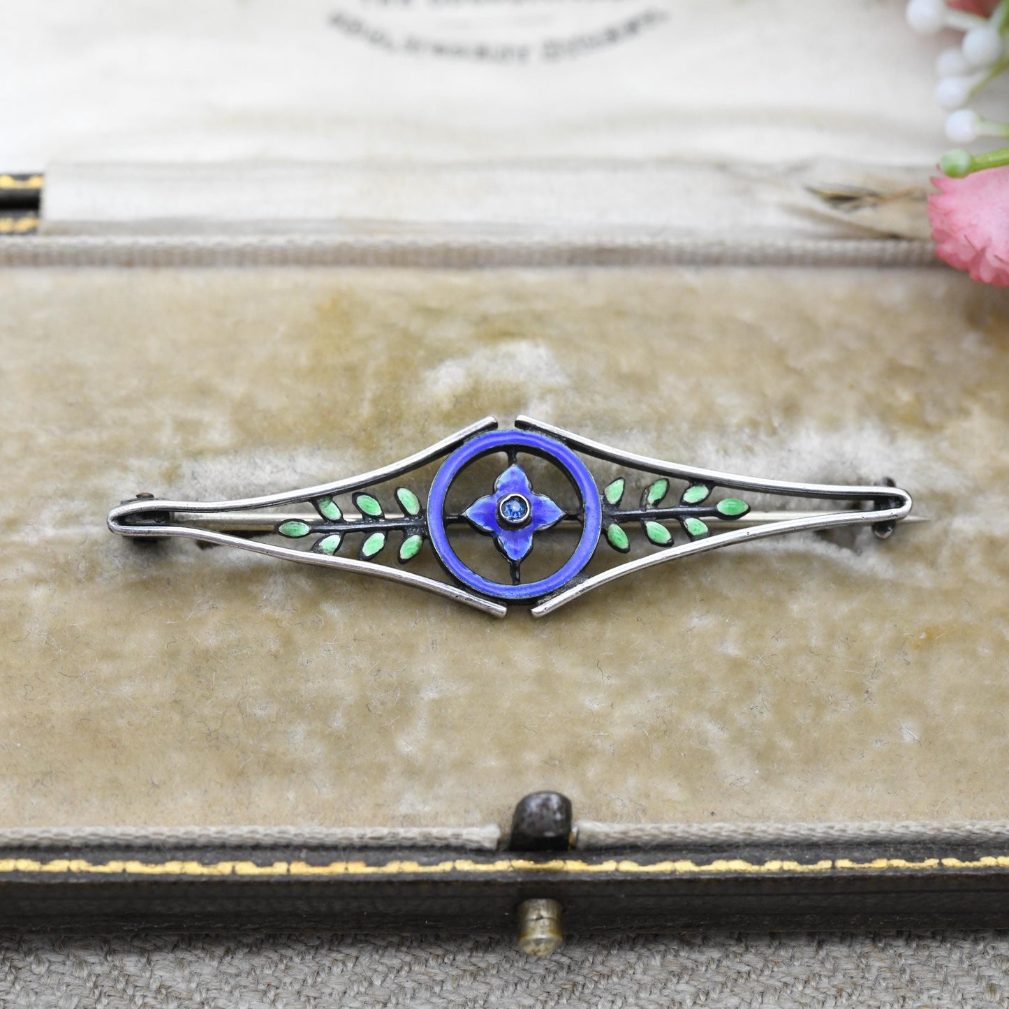 Antique European Silver Enamel Flower Brooch with Blue Stone - Green Enamel Leaves | Edwardian Era Pretty Floral Gift for Her | Bar Brooch