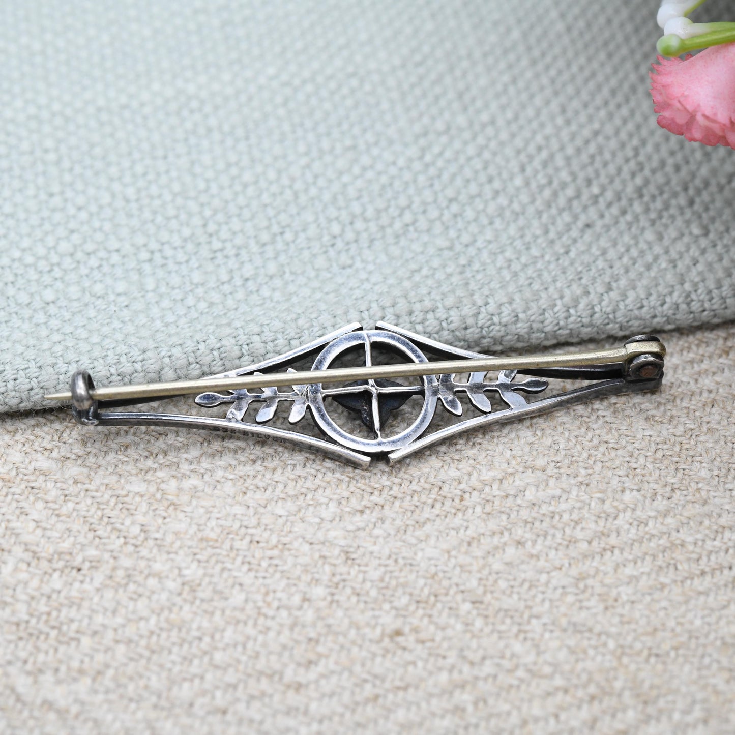 Antique European Silver Enamel Flower Brooch with Blue Stone - Green Enamel Leaves | Edwardian Era Pretty Floral Gift for Her | Bar Brooch