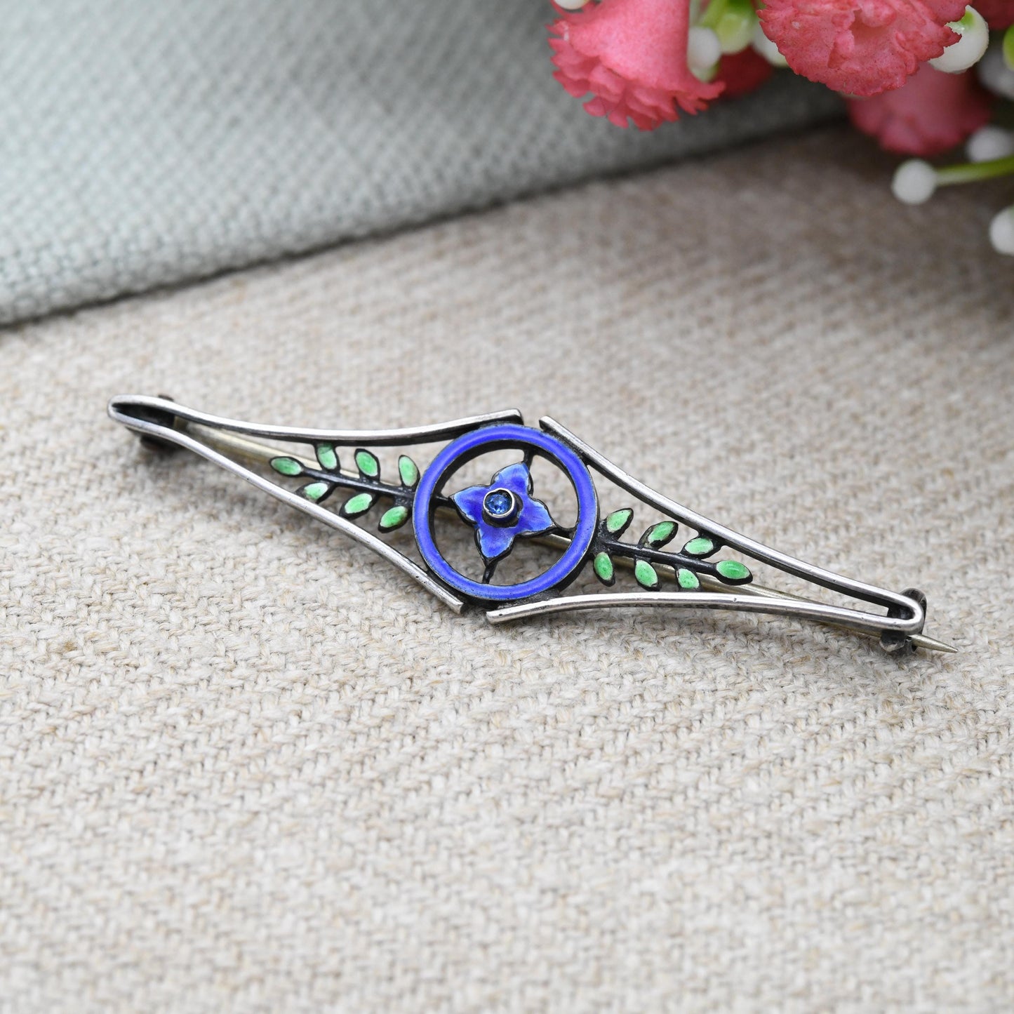 Antique European Silver Enamel Flower Brooch with Blue Stone - Green Enamel Leaves | Edwardian Era Pretty Floral Gift for Her | Bar Brooch