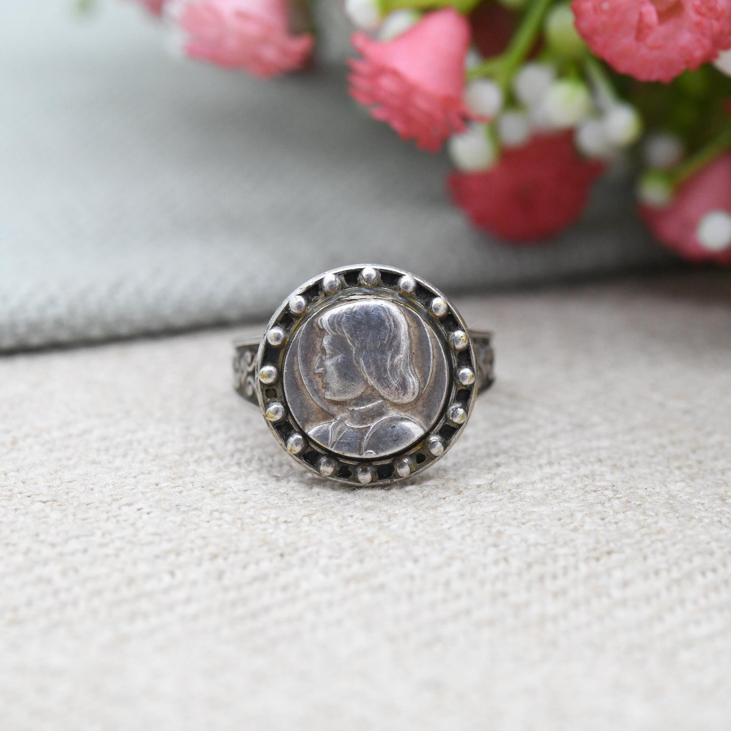 Vintage French Joan of Arc Ring c. 1950s - Patron Saint of France Halo Bust Portrait | Adjustable Band Ring | UK Size - L 1/2 | US Size - 6