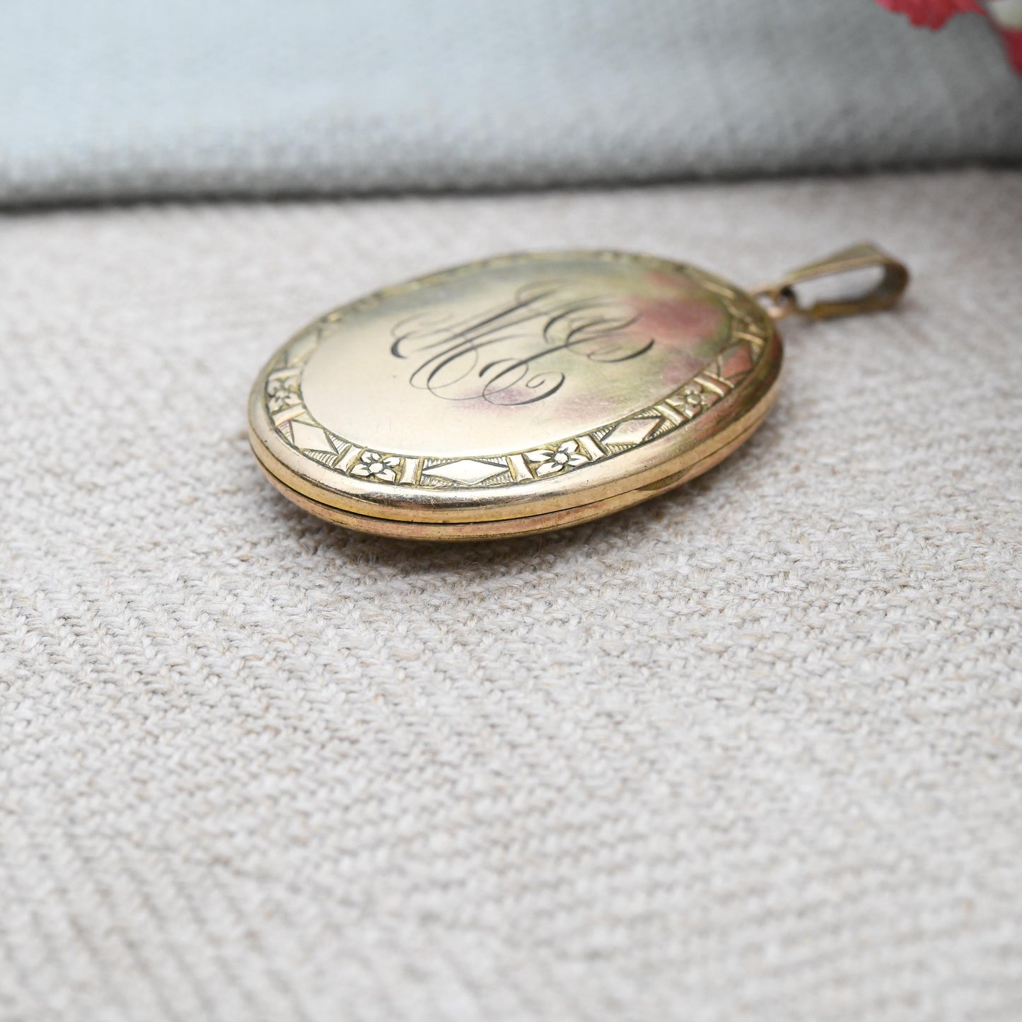Vintage Rolled Gold Locket Pendant Monogram Initials MEC - Engraved Design Borders Inside | Large Photo Necklace c. 1960s Costume Jewellery