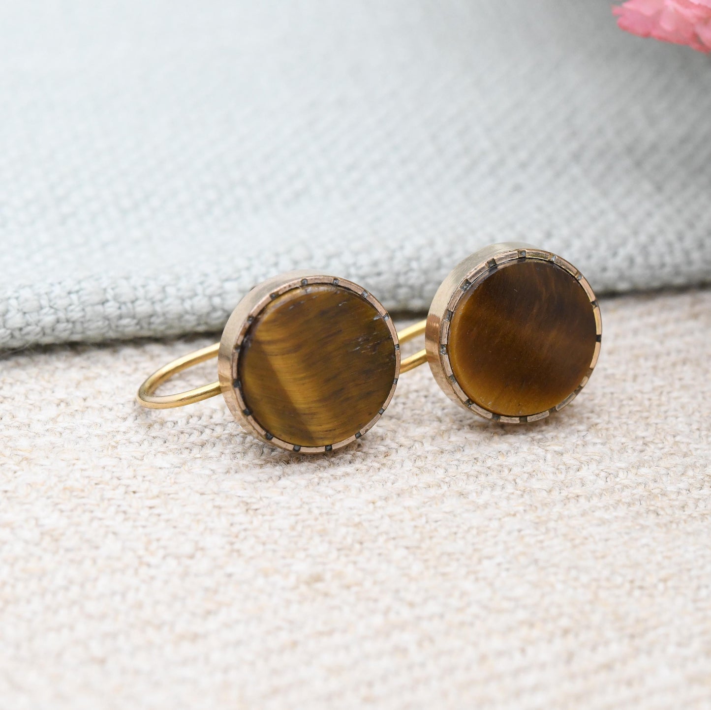 Vintage Rolled Gold Tiger's Eye Screw Back Earrings - Antique Button Conversion Jewellery | Not Pierced Unpierced Ears Stud Earrings