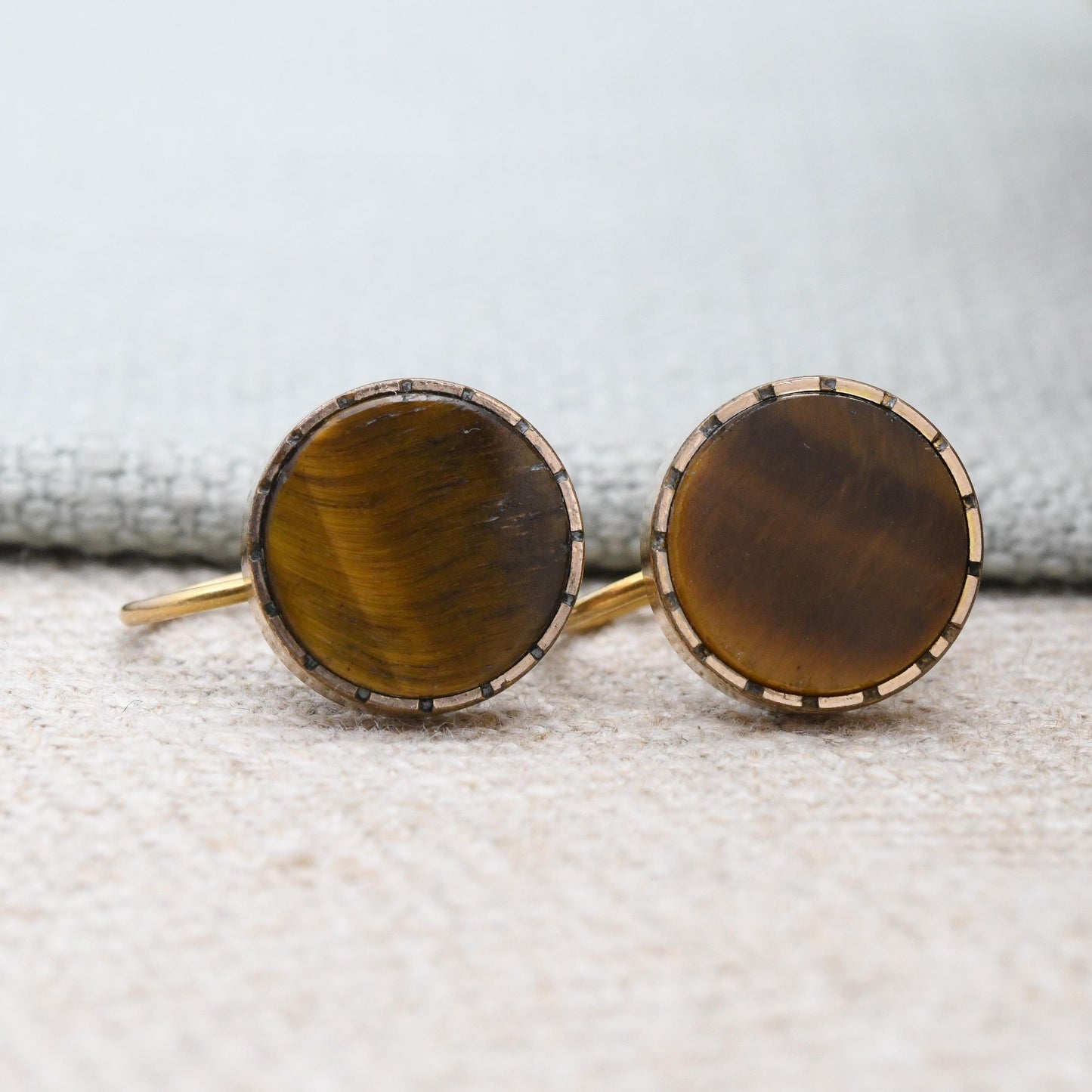 Vintage Rolled Gold Tiger's Eye Screw Back Earrings - Antique Button Conversion Jewellery | Not Pierced Unpierced Ears Stud Earrings