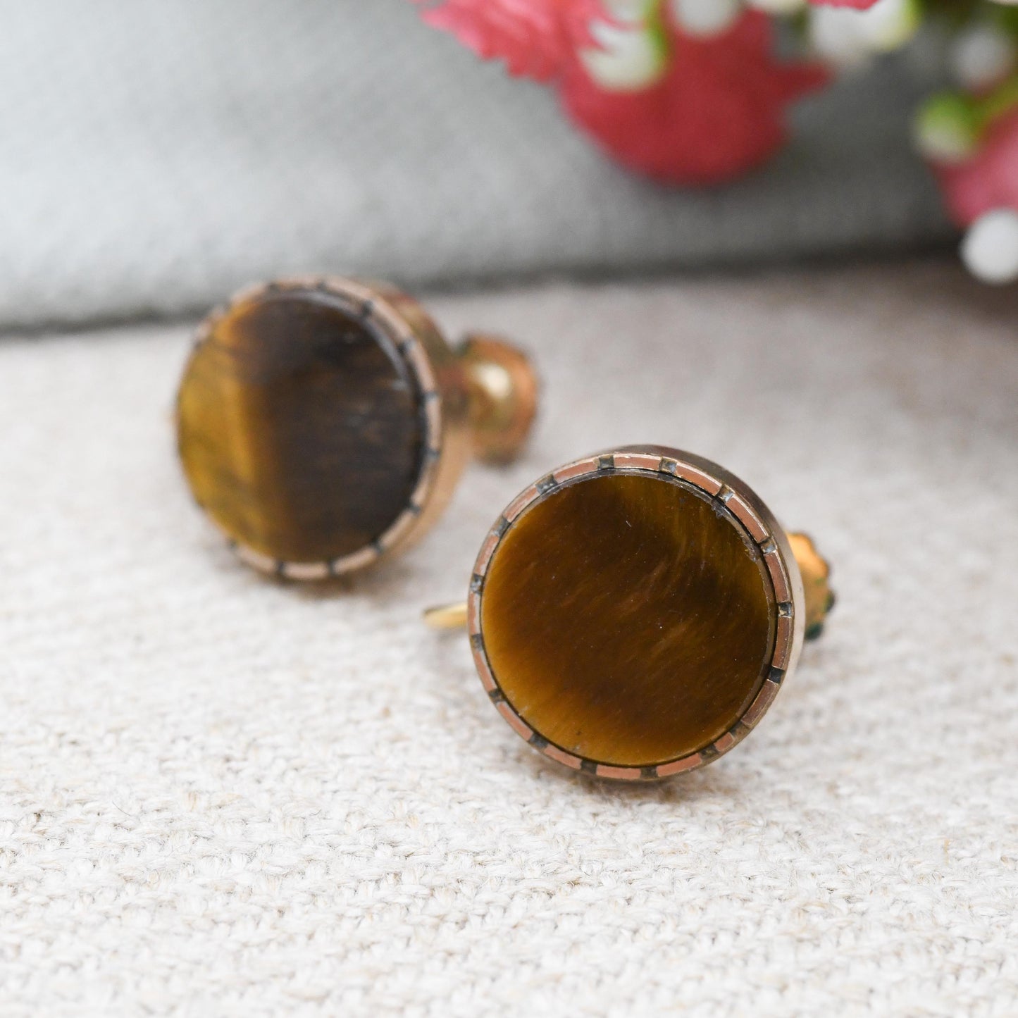 Vintage Rolled Gold Tiger's Eye Screw Back Earrings - Antique Button Conversion Jewellery | Not Pierced Unpierced Ears Stud Earrings