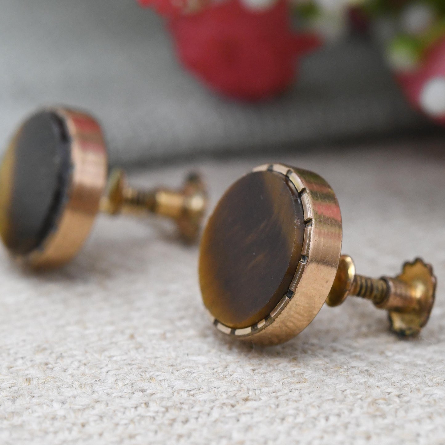 Vintage Rolled Gold Tiger's Eye Screw Back Earrings - Antique Button Conversion Jewellery | Not Pierced Unpierced Ears Stud Earrings