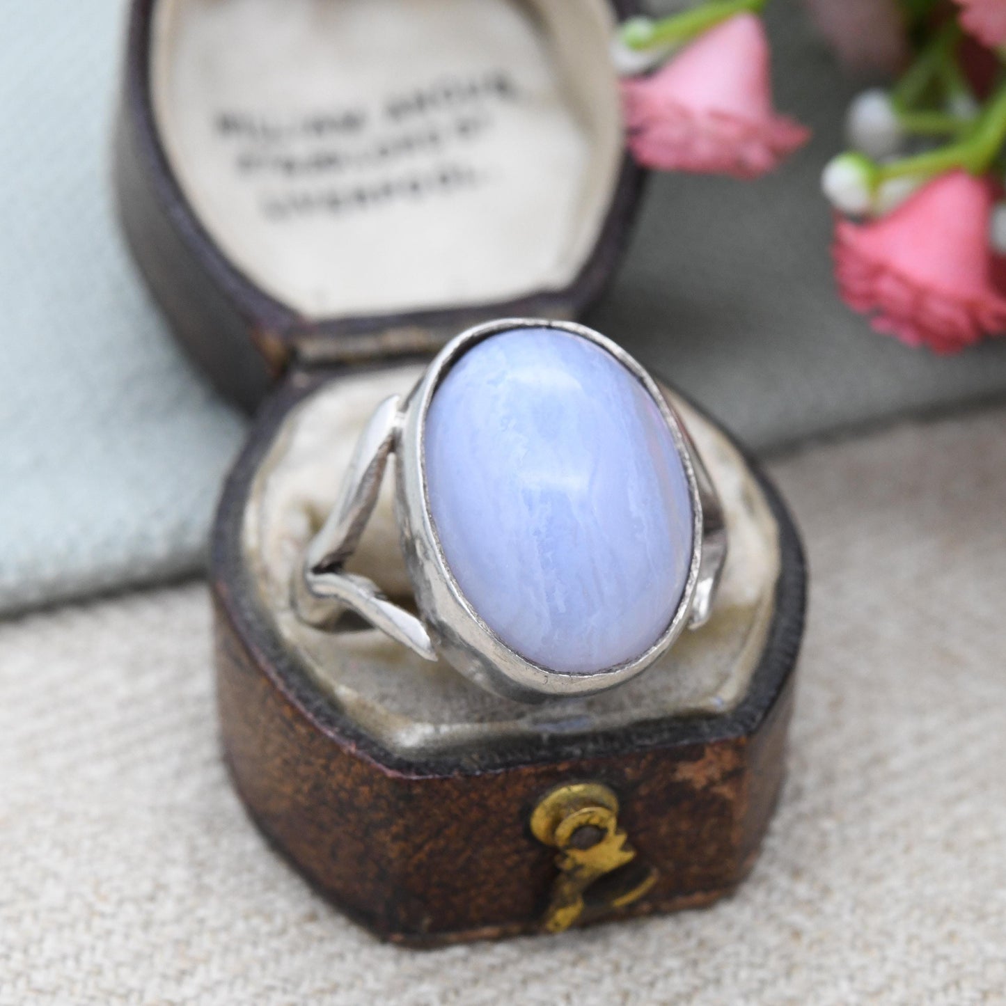 Vintage Silver Blue Lace Agate Ring Mid-Century - Large Chunky Gemstone Statement Ring | Pale Blue Cabochon Stone | UK Size - Q US Size - 8