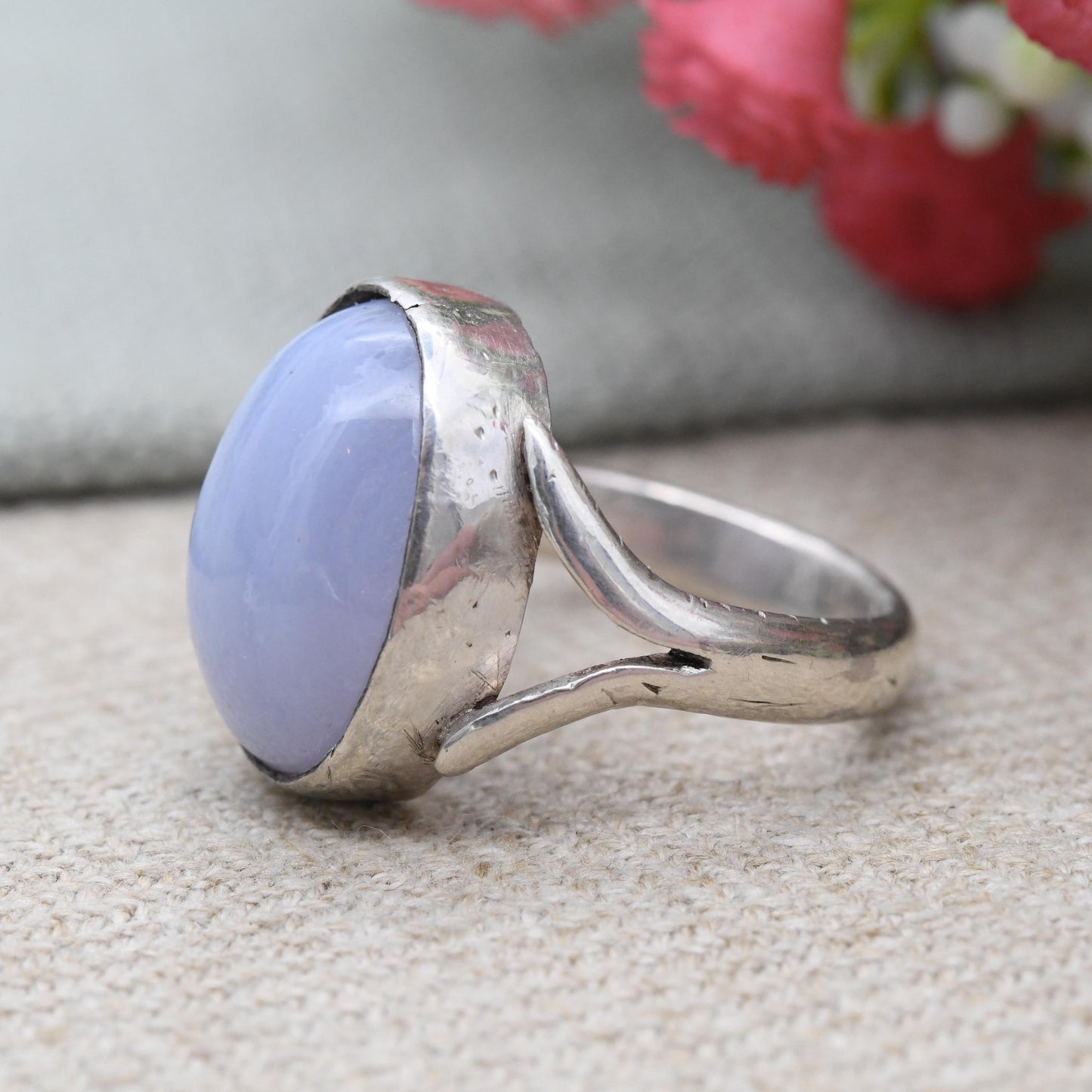Vintage Silver Blue Lace Agate Ring Mid-Century - Large Chunky Gemstone Statement Ring | Pale Blue Cabochon Stone | UK Size - Q US Size - 8