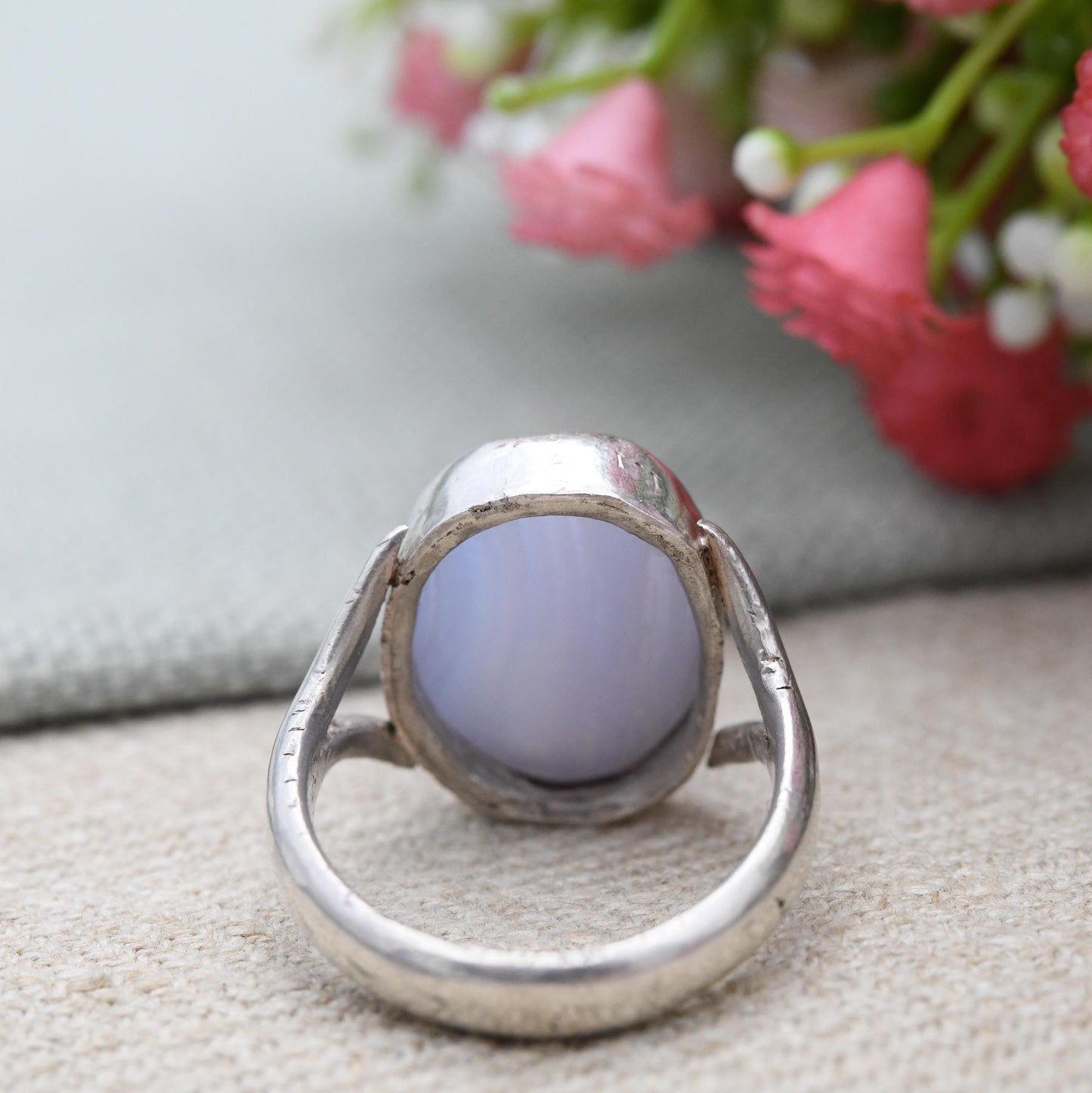 Vintage Silver Blue Lace Agate Ring Mid-Century - Large Chunky Gemstone Statement Ring | Pale Blue Cabochon Stone | UK Size - Q US Size - 8