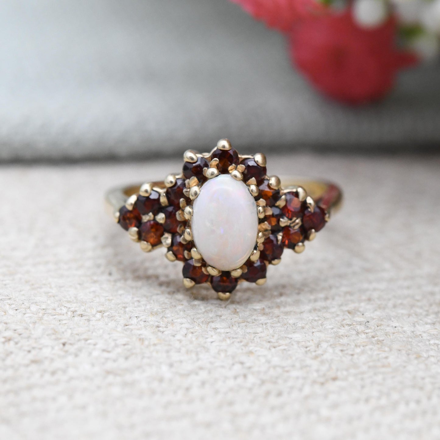 Vintage 9ct Gold Opal and Garnet Cluster Ring 1990 - Dramatic Statement Ring Red White Gemstones Side Stones | UK Size - J | US Size - 4 3/4