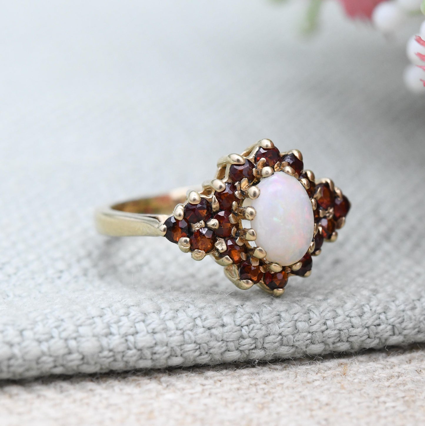 Vintage 9ct Gold Opal and Garnet Cluster Ring 1990 - Dramatic Statement Ring Red White Gemstones Side Stones | UK Size - J | US Size - 4 3/4