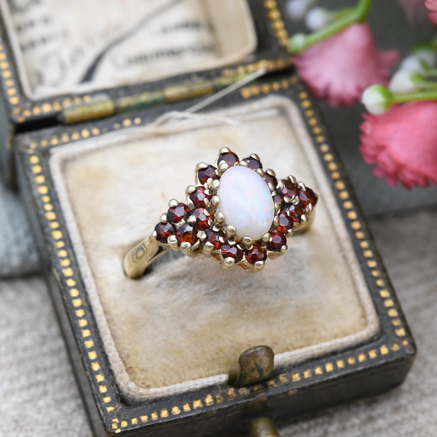 Vintage 9ct Gold Opal and Garnet Cluster Ring 1990 - Dramatic Statement Ring Red White Gemstones Side Stones | UK Size - J | US Size - 4 3/4