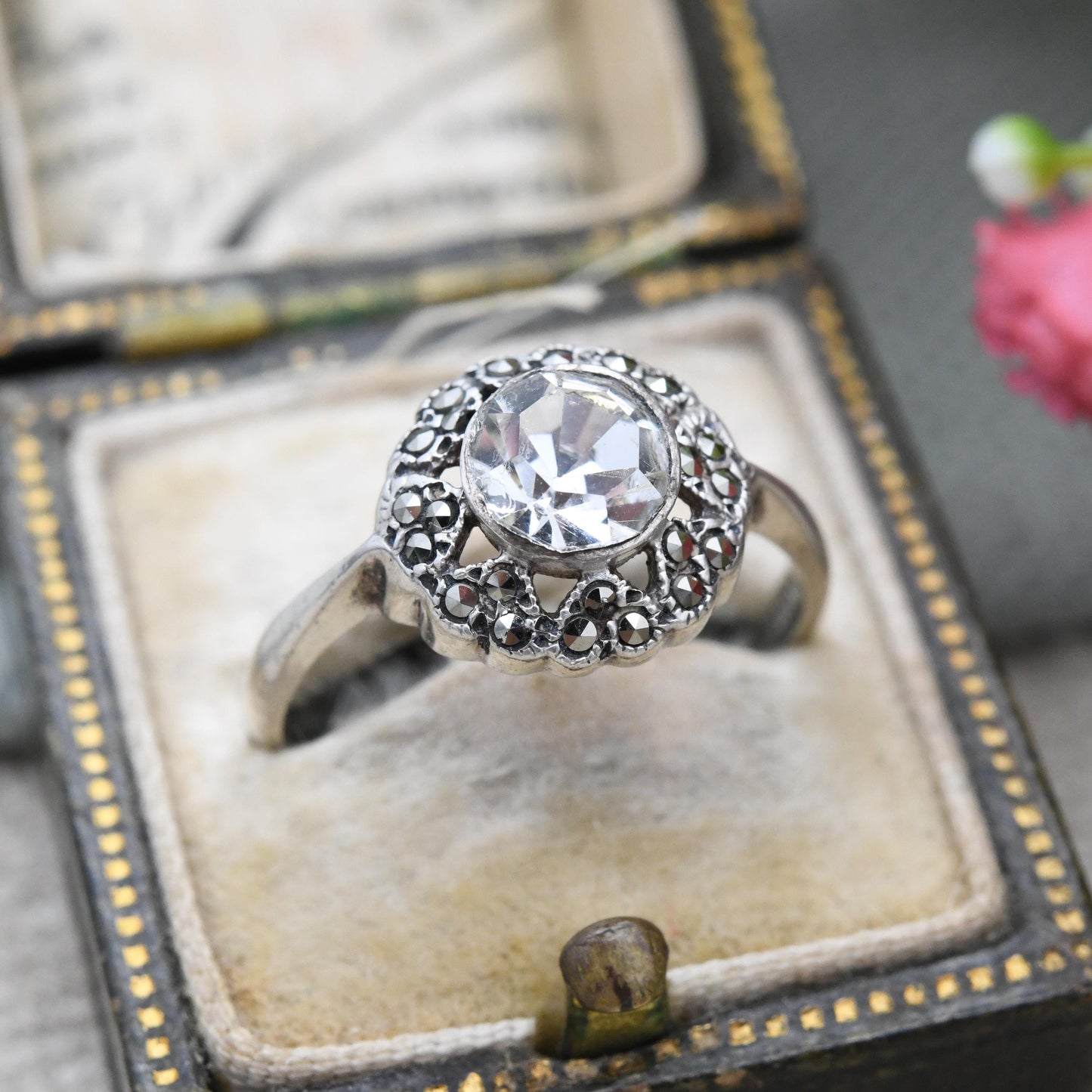 Vintage Sterling Silver Solitaire Ring with Marcasite Heart Halo - Pretty Fan Petal Ring | Large White Stone | UK Size - O | US Size - 7 1/4