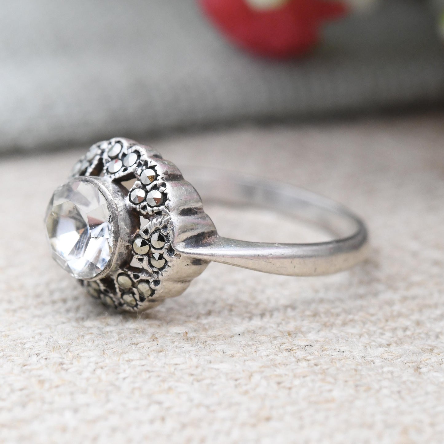 Vintage Sterling Silver Solitaire Ring with Marcasite Heart Halo - Pretty Fan Petal Ring | Large White Stone | UK Size - O | US Size - 7 1/4