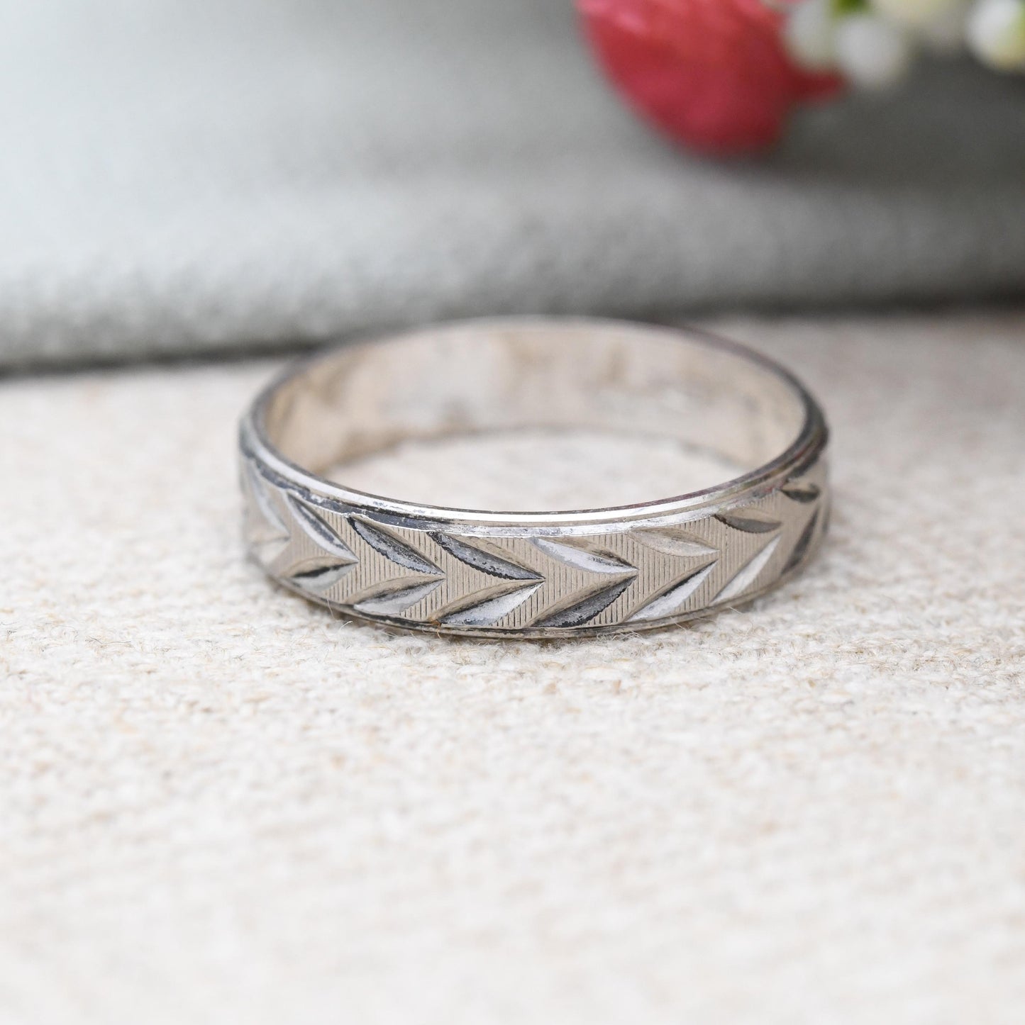 Vintage Italian Sterling Silver Etched Leaf Band Ring - Unisex Men's Stacking Midi Ring | Made in Italy | UK Size - S | US Size - 9 1/4