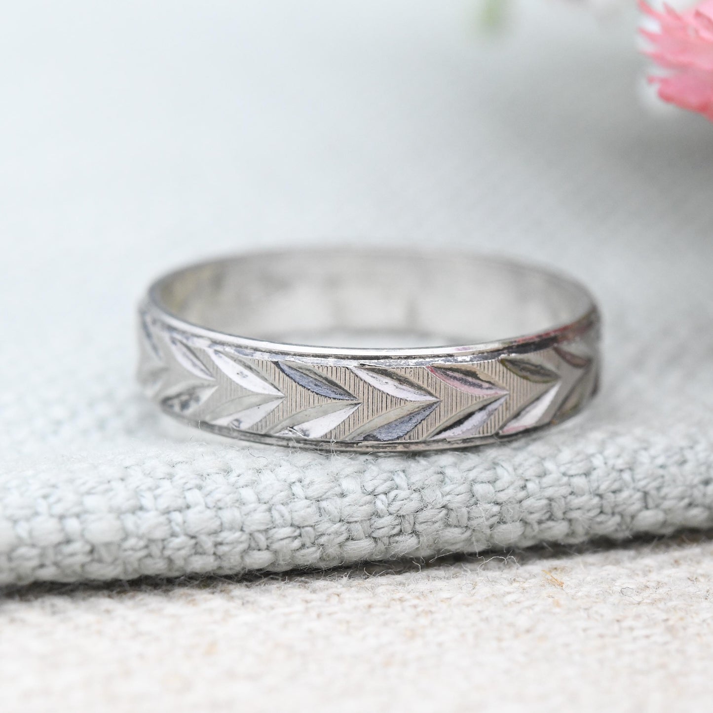 Vintage Italian Sterling Silver Etched Leaf Band Ring - Unisex Men's Stacking Midi Ring | Made in Italy | UK Size - S | US Size - 9 1/4
