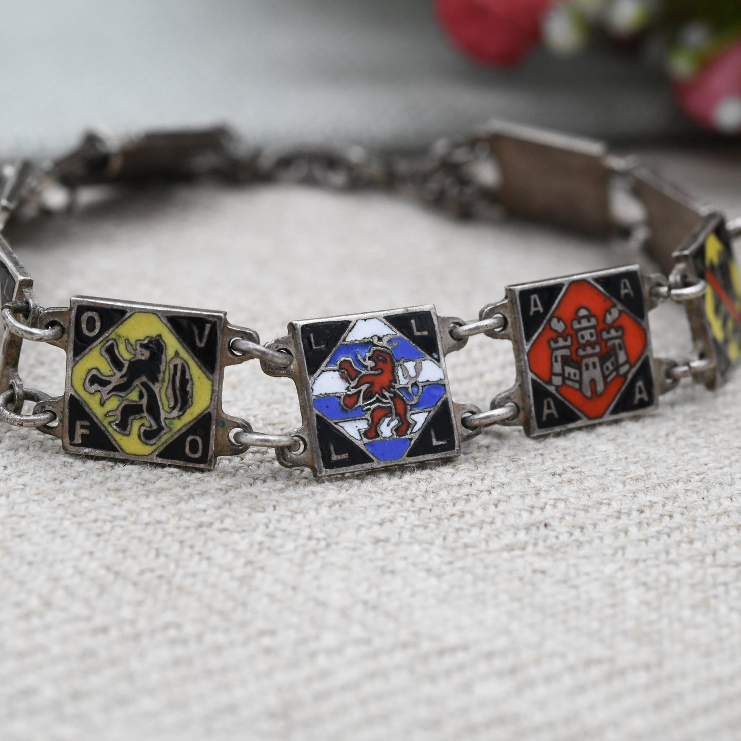Vintage European Souvenir Flags Enamel Panel Link Bracelet - Germany Belgium Luxembourg Bavaria District Flags | Red Black Blue Lion Rampant