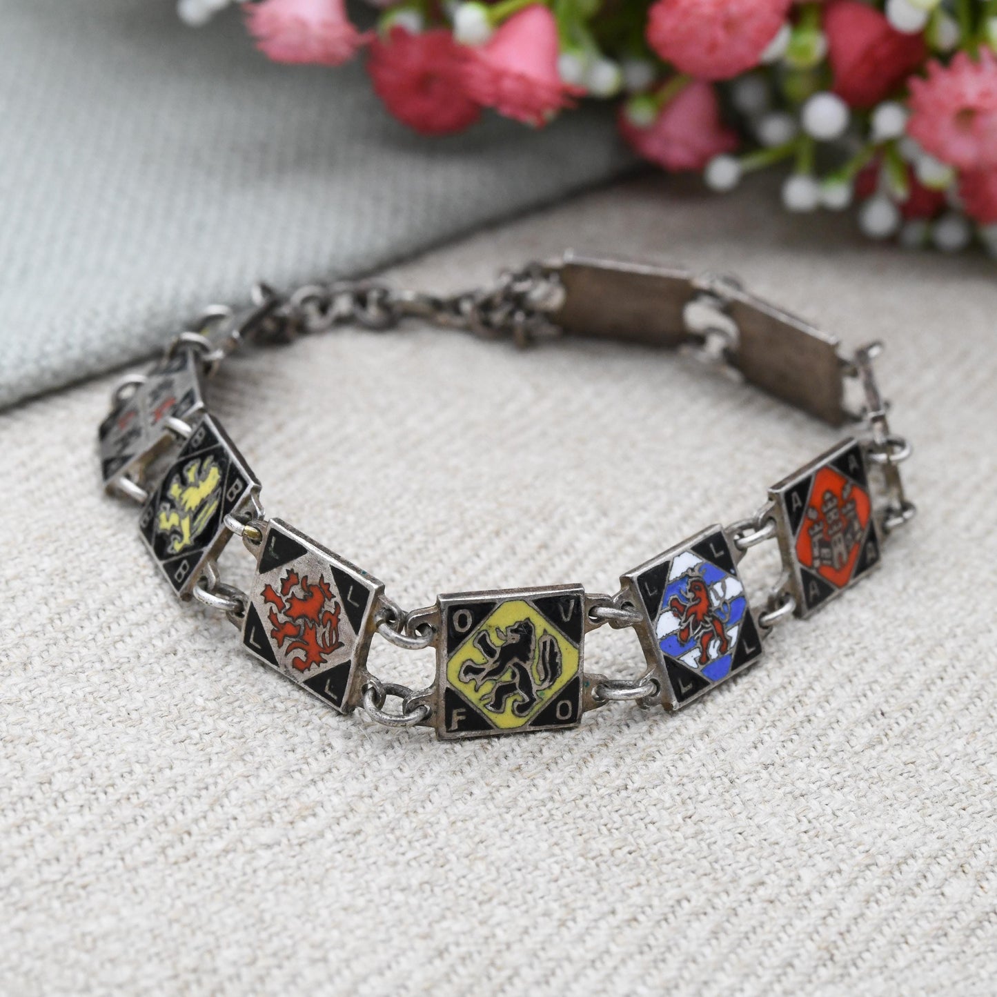 Vintage European Souvenir Flags Enamel Panel Link Bracelet - Germany Belgium Luxembourg Bavaria District Flags | Red Black Blue Lion Rampant
