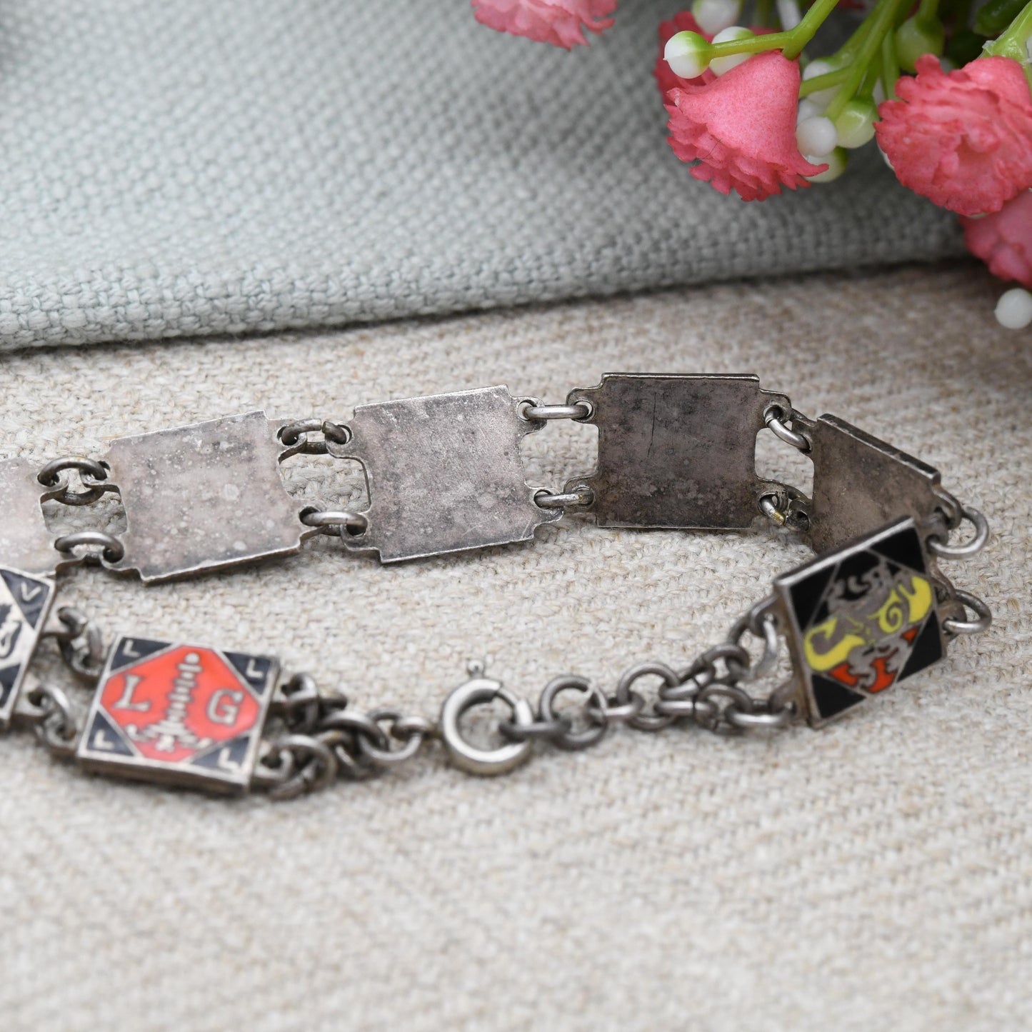 Vintage European Souvenir Flags Enamel Panel Link Bracelet - Germany Belgium Luxembourg Bavaria District Flags | Red Black Blue Lion Rampant