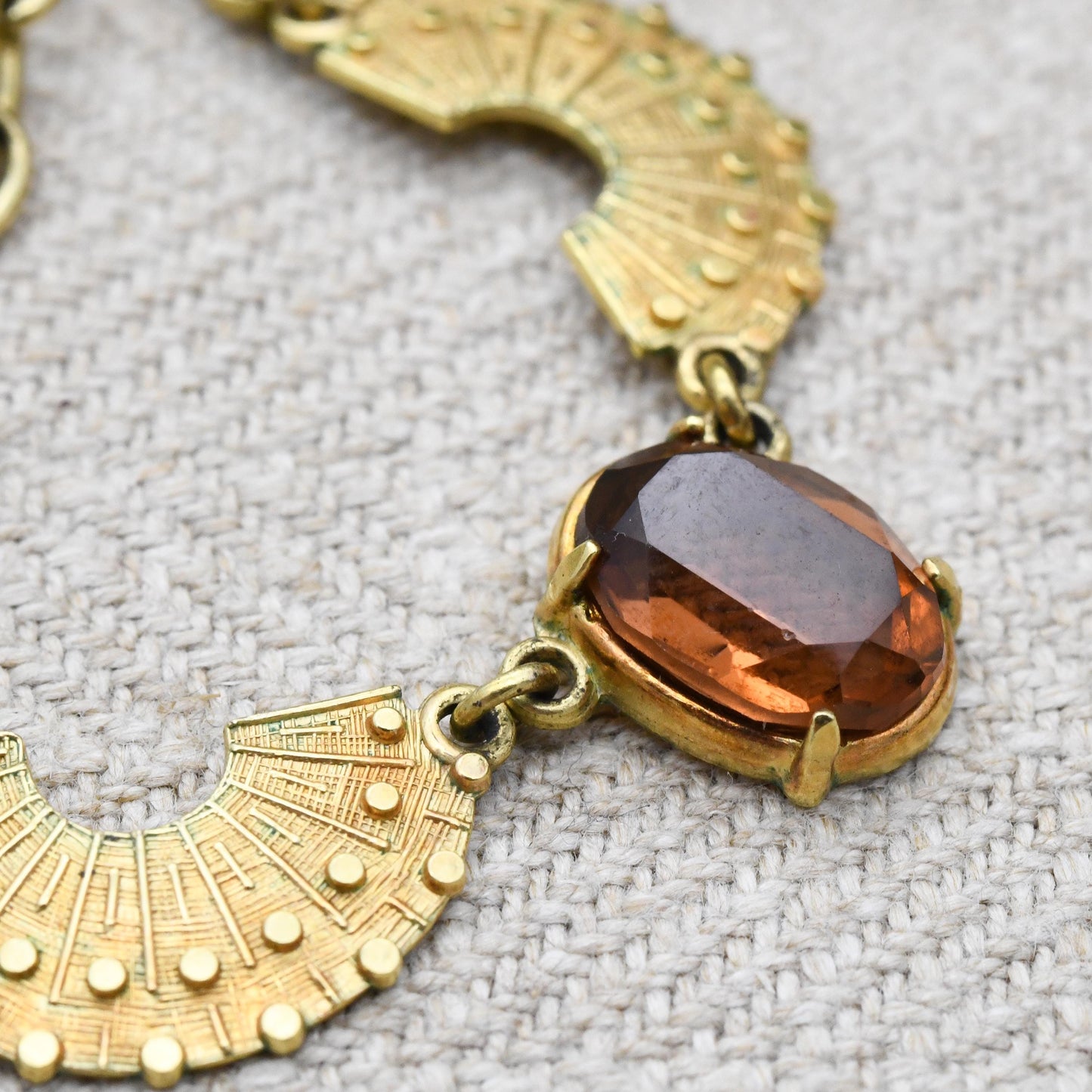 Vintage Kordes and Lichtenfels 14ct Rolled Gold Fan Panel Necklace Brown Stone - Mid-Century Textured Costume Jewellery German Designers K&L