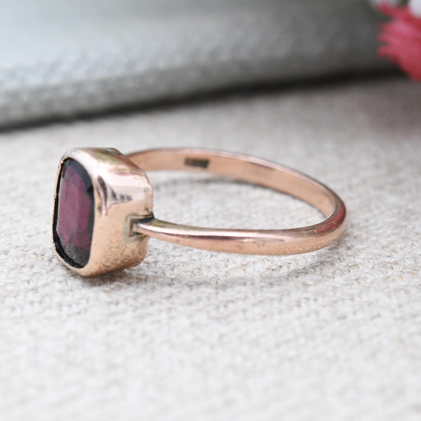 Antique 9ct Gold Garnet Ring Rub Over Bezel - Edwardian Rose Gold Large Red Faceted Stone Solitaire | Pretty Gift | UK Size P US Size 7 1/2