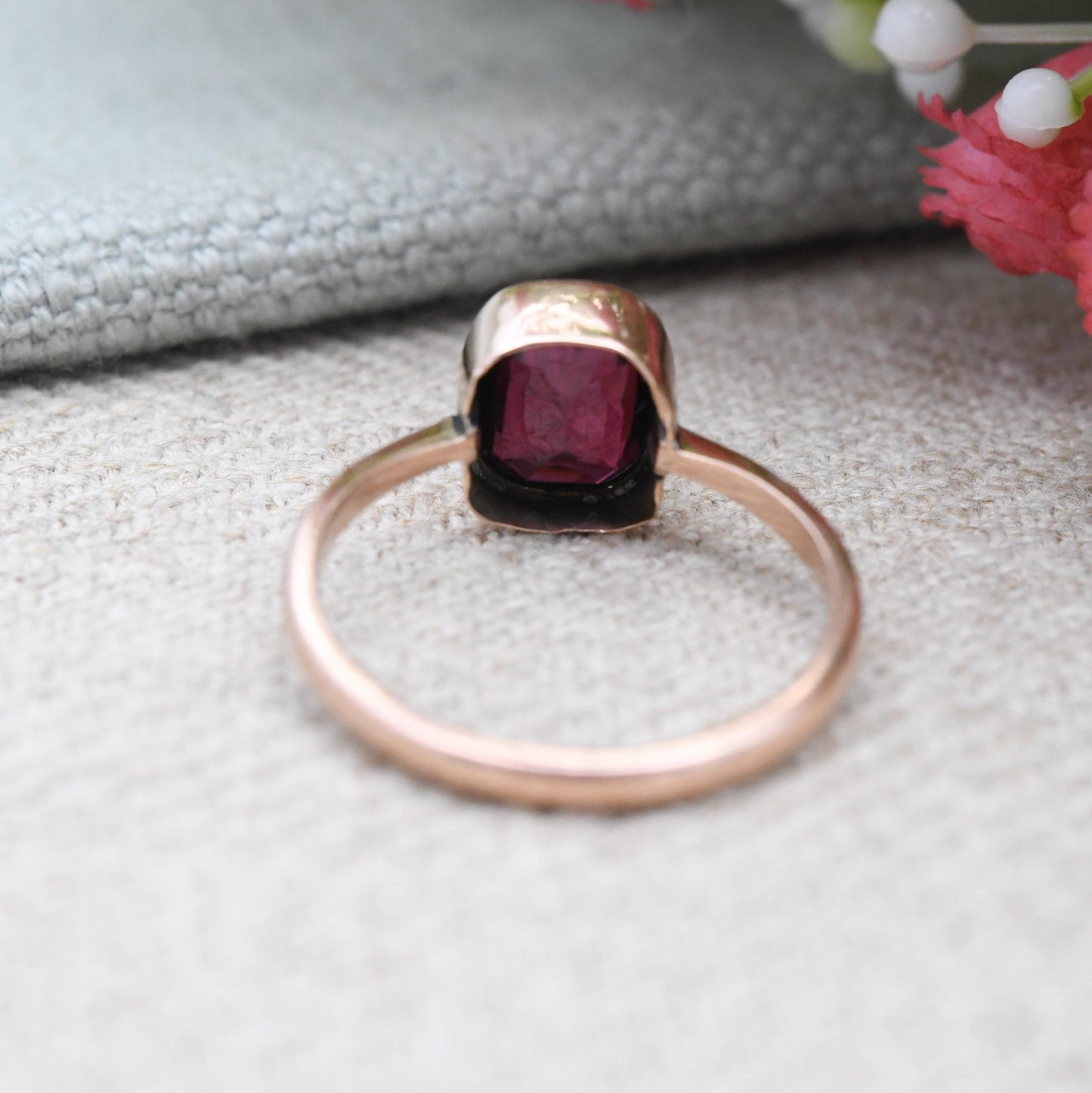 Antique 9ct Gold Garnet Ring Rub Over Bezel - Edwardian Rose Gold Large Red Faceted Stone Solitaire | Pretty Gift | UK Size P US Size 7 1/2