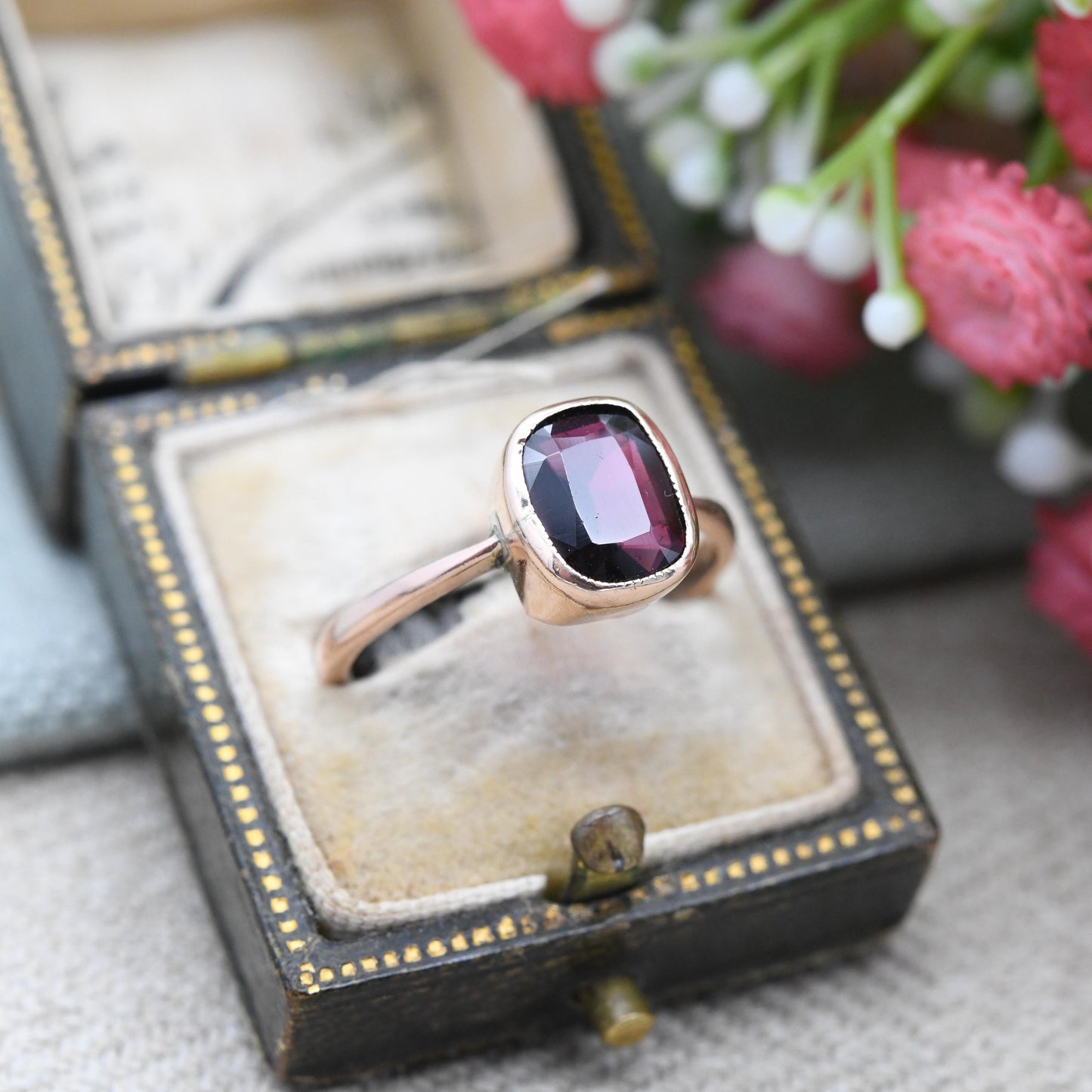Antique 9ct Gold Garnet Ring Rub Over Bezel - Edwardian Rose Gold Large Red Faceted Stone Solitaire | Pretty Gift | UK Size P US Size 7 1/2
