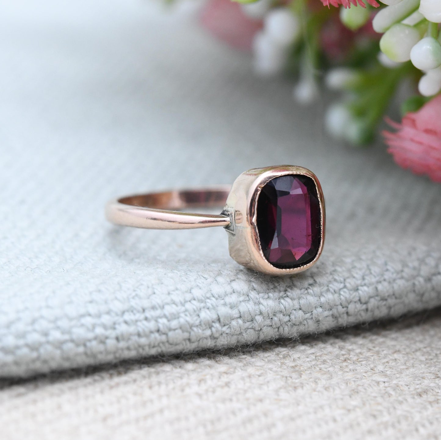 Antique 9ct Gold Garnet Ring Rub Over Bezel - Edwardian Rose Gold Large Red Faceted Stone Solitaire | Pretty Gift | UK Size P US Size 7 1/2
