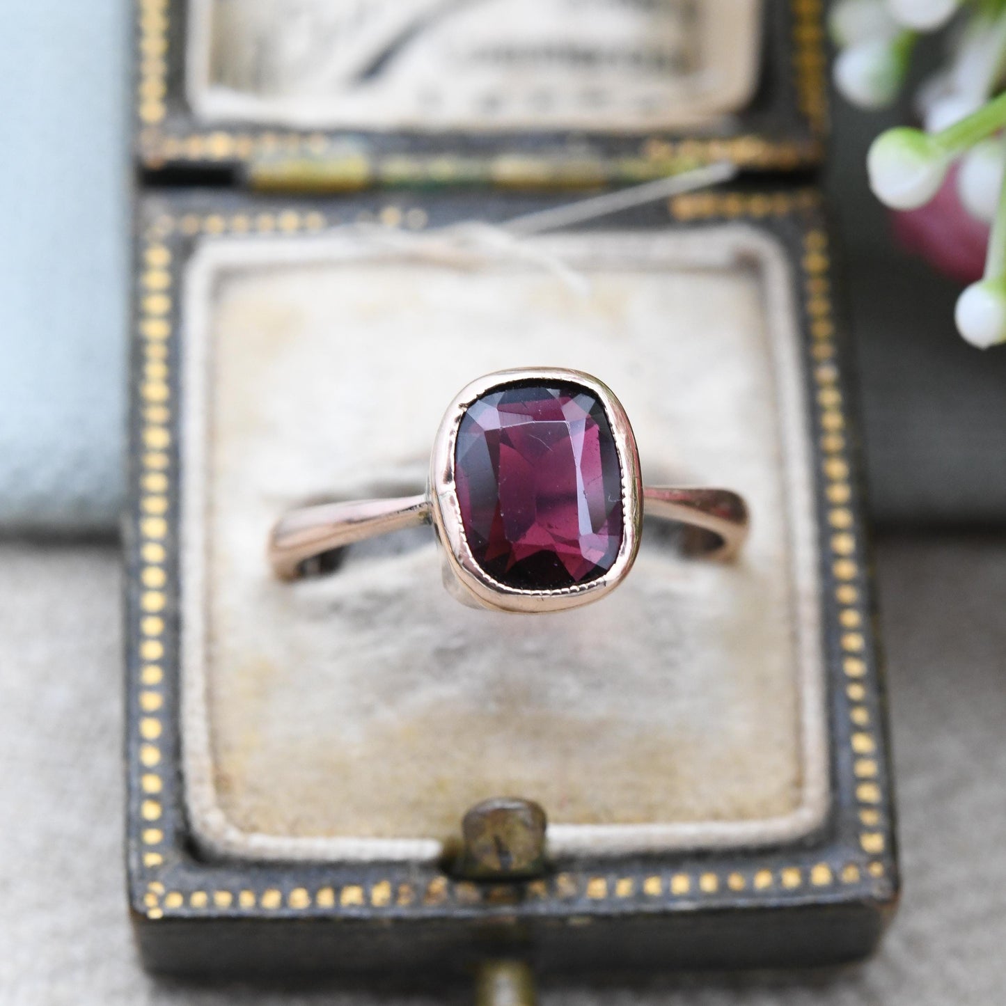 Antique 9ct Gold Garnet Ring Rub Over Bezel - Edwardian Rose Gold Large Red Faceted Stone Solitaire | Pretty Gift | UK Size P US Size 7 1/2