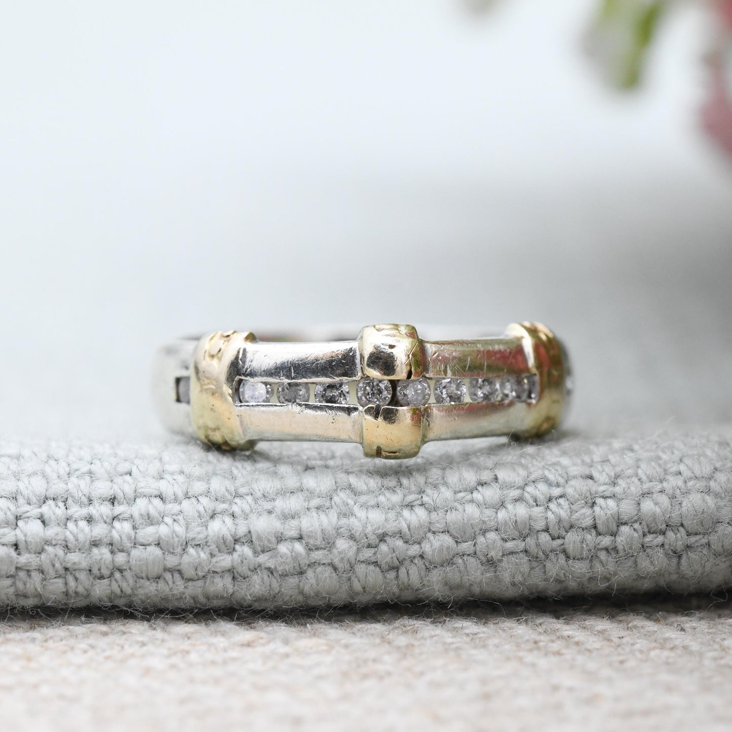 Vintage 9ct Gold Diamond Channel Band Ring White Gold and Yellow Gold - Flush Half Eternity Stacking Ring | UK Size - K 1/2 US Size - 5 1/2
