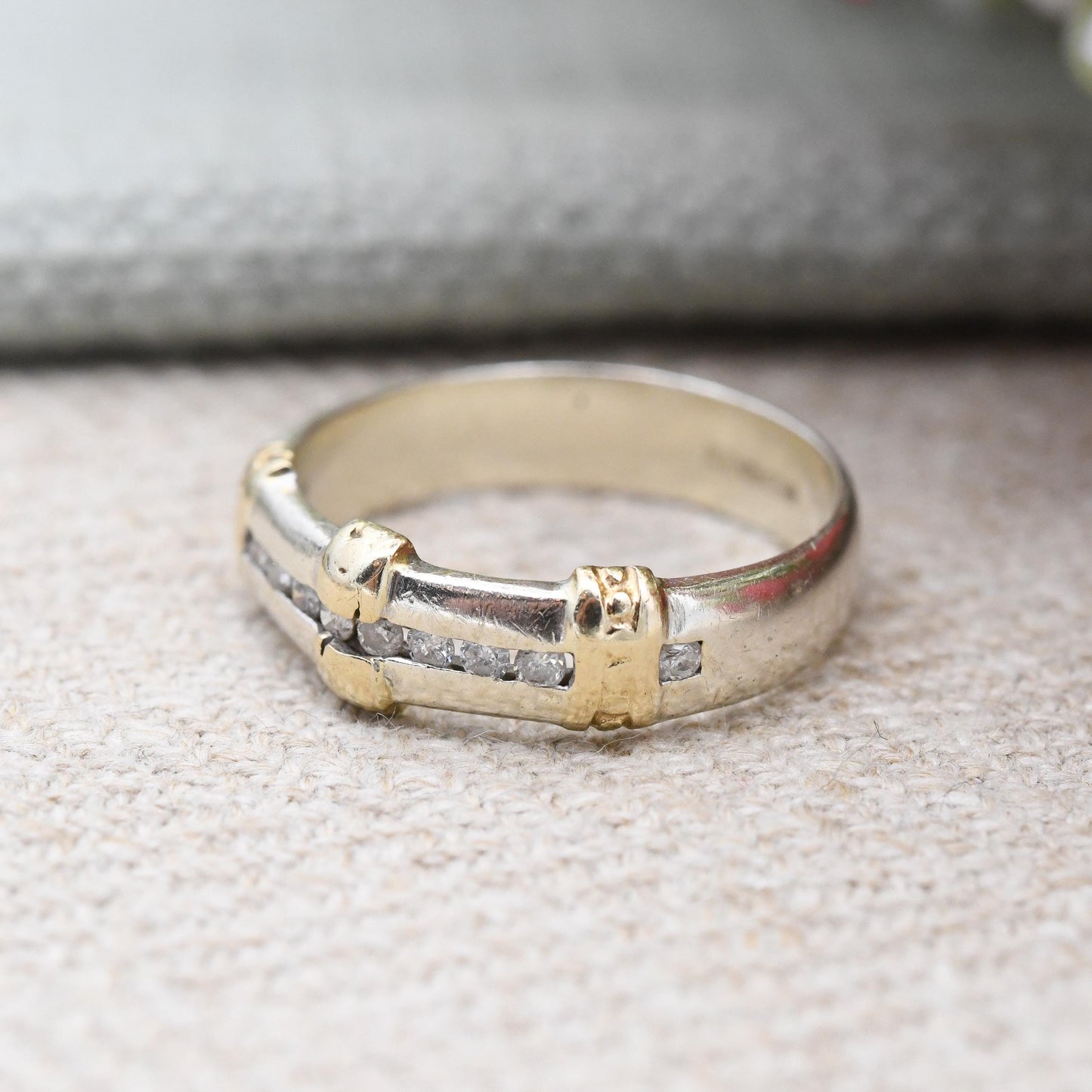 Vintage 9ct Gold Diamond Channel Band Ring White Gold and Yellow Gold - Flush Half Eternity Stacking Ring | UK Size - K 1/2 US Size - 5 1/2