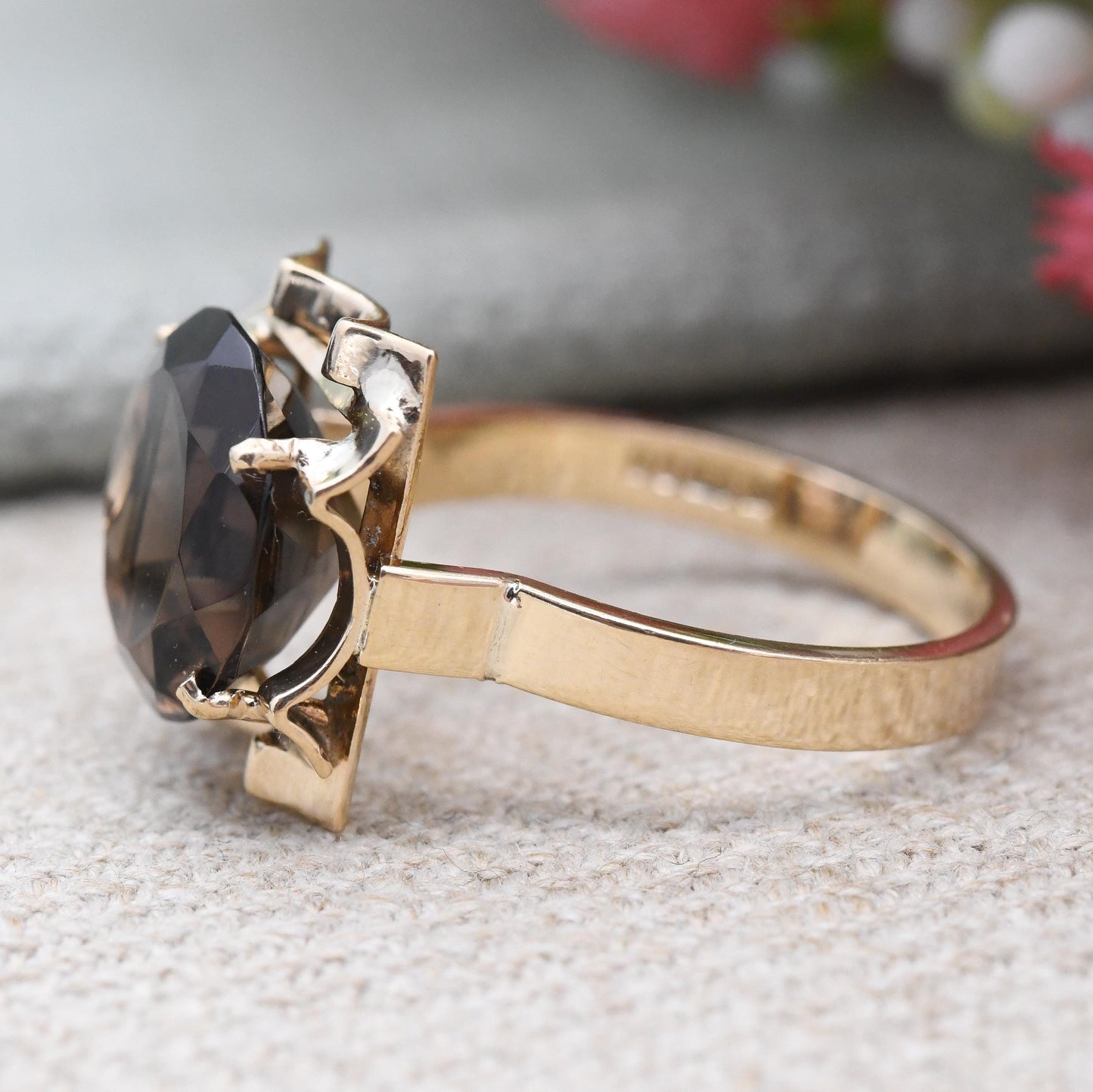 Vintage 9ct Gold Smoky Quartz Statement Ring 1979 - Mid-Century Large Round Brown Gemstone Cocktail Ring | UK Size - P 1/2 | US Size - 8