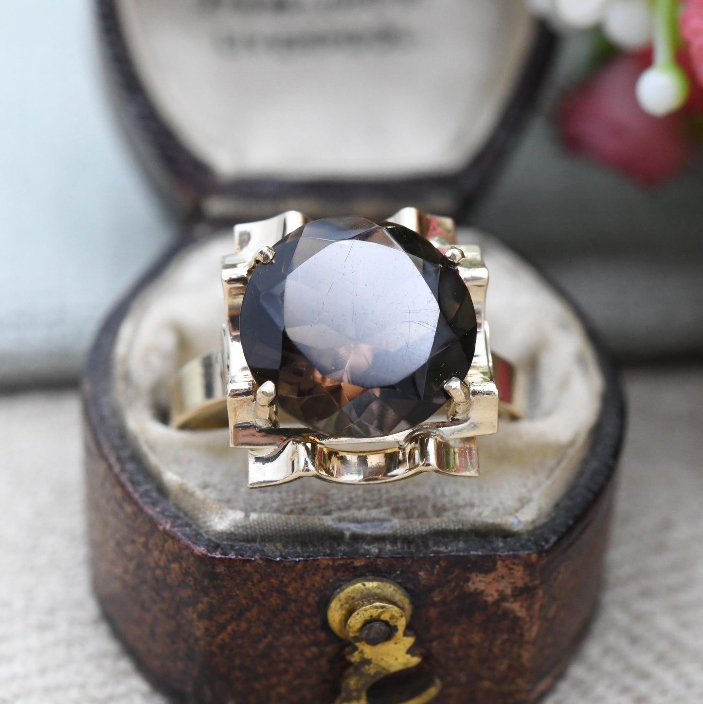 Vintage 9ct Gold Smoky Quartz Statement Ring 1979 - Mid-Century Large Round Brown Gemstone Cocktail Ring | UK Size - P 1/2 | US Size - 8