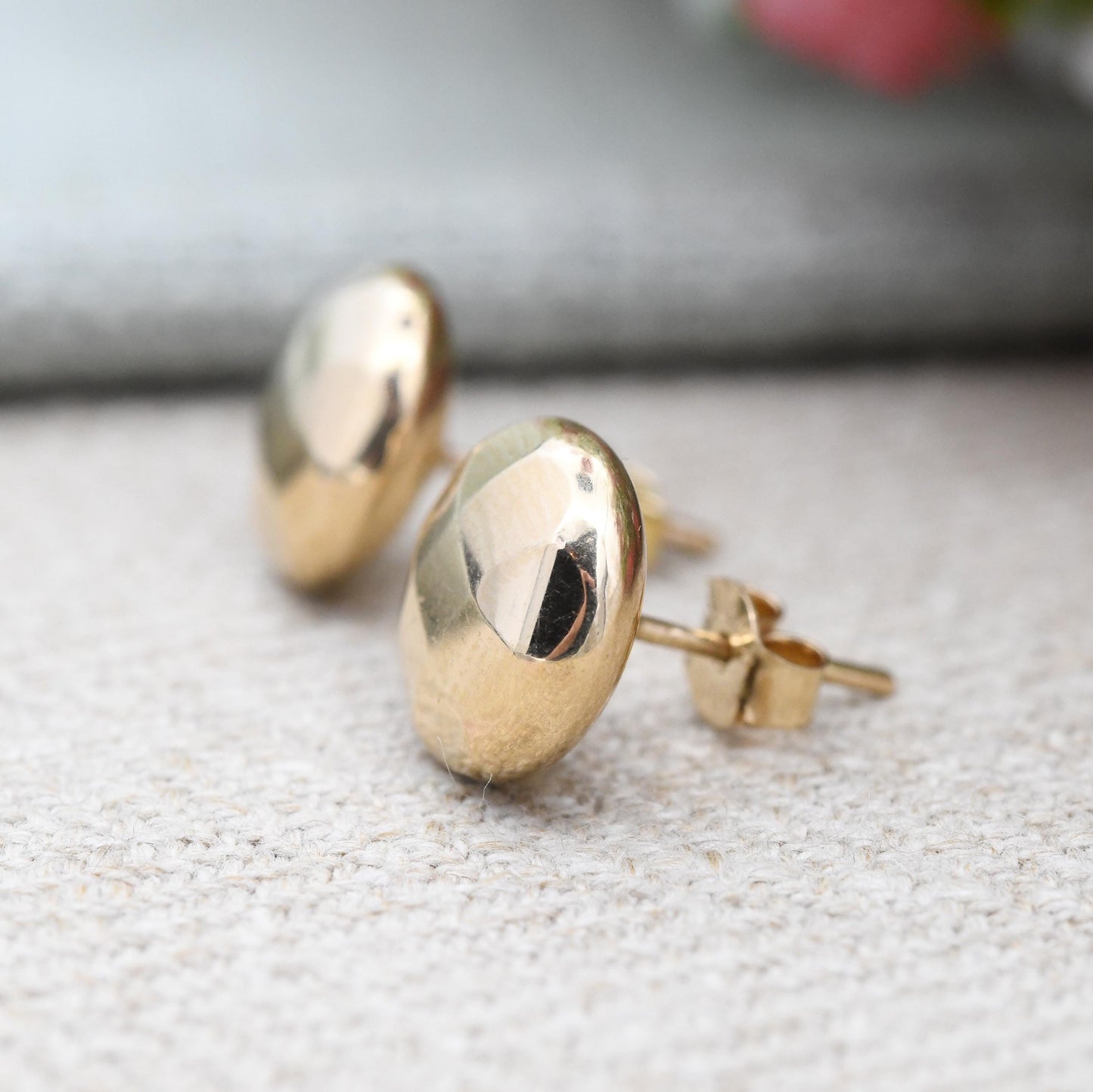 Vintage 9ct Gold Faceted Circle Stud Earrings c. 1960s 1970s - Mid-Century Large Round Yellow Gold Studs | Gift for Her | Butterfly Backs
