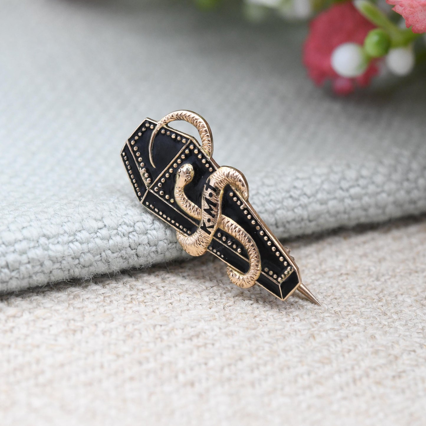 Antique Memento Mori 15ct Gold Brooch Coffin and Snake Symbols Black Enamel KMT - Georgian Mourning Jewellery French Engraving | Lock Clasp