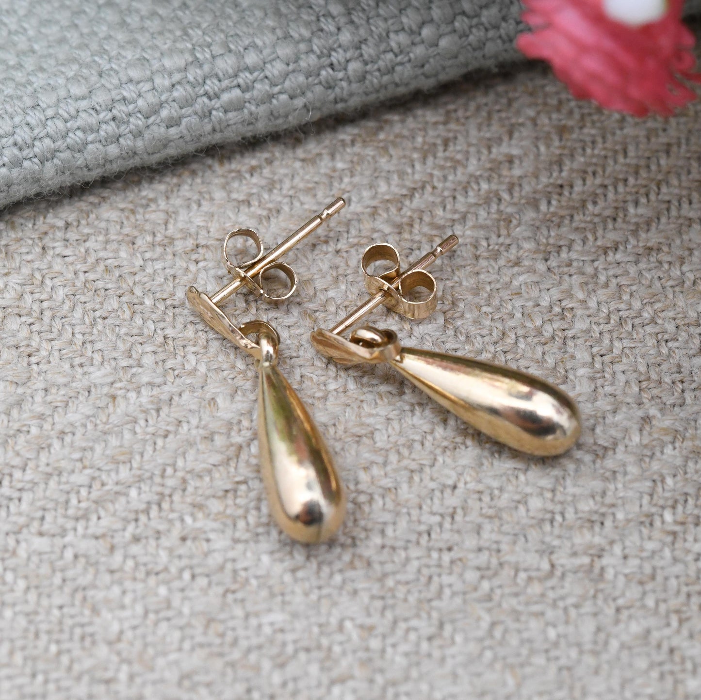 Vintage 9ct Gold Teardrop Earrings - Pretty Light Gold Stud Drop Dangle Earrings with Butterfly Backs | Minimal Gold Jewellery