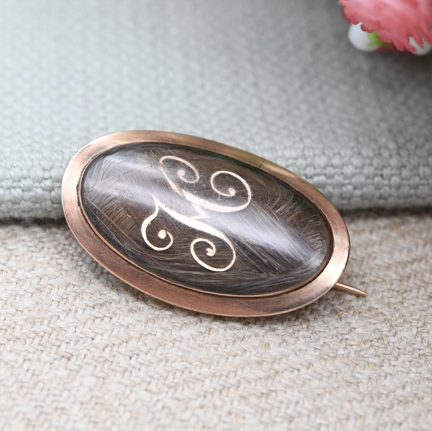 Antique Mourning Hair Brooch 12ct Gold Georgian Era 1782 Letter M - Hand Engraved Name Cha. Hall and Date 10 December | Hairwork Jewellery