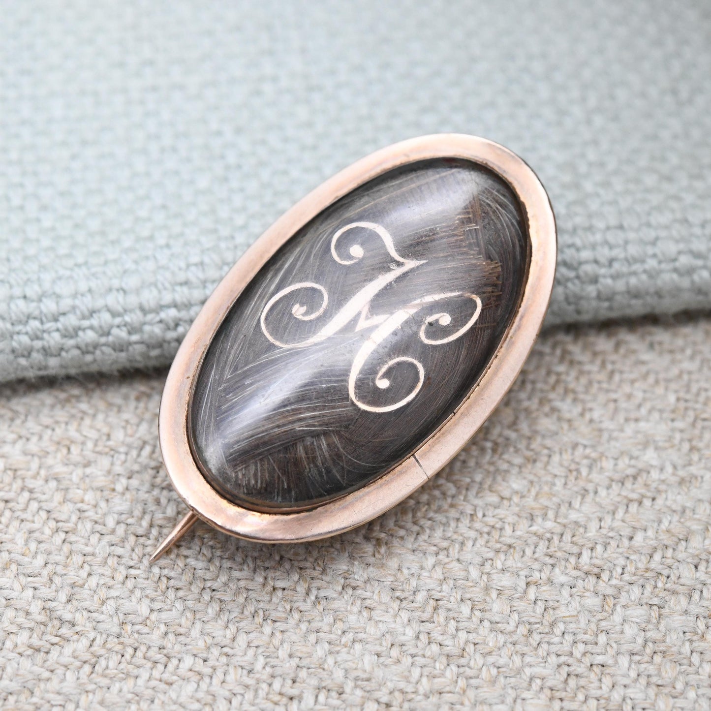 Antique Mourning Hair Brooch 12ct Gold Georgian Era 1782 Letter M - Hand Engraved Name Cha. Hall and Date 10 December | Hairwork Jewellery
