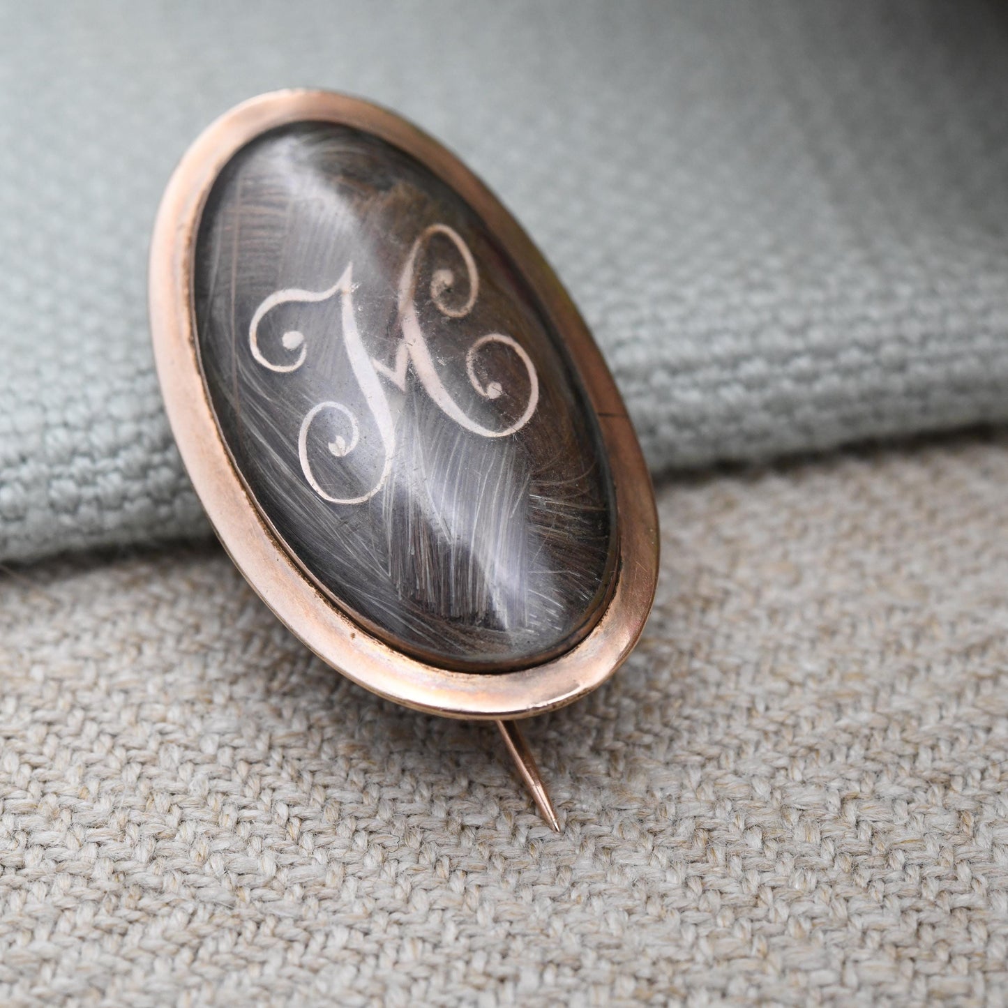 Antique Mourning Hair Brooch 12ct Gold Georgian Era 1782 Letter M - Hand Engraved Name Cha. Hall and Date 10 December | Hairwork Jewellery