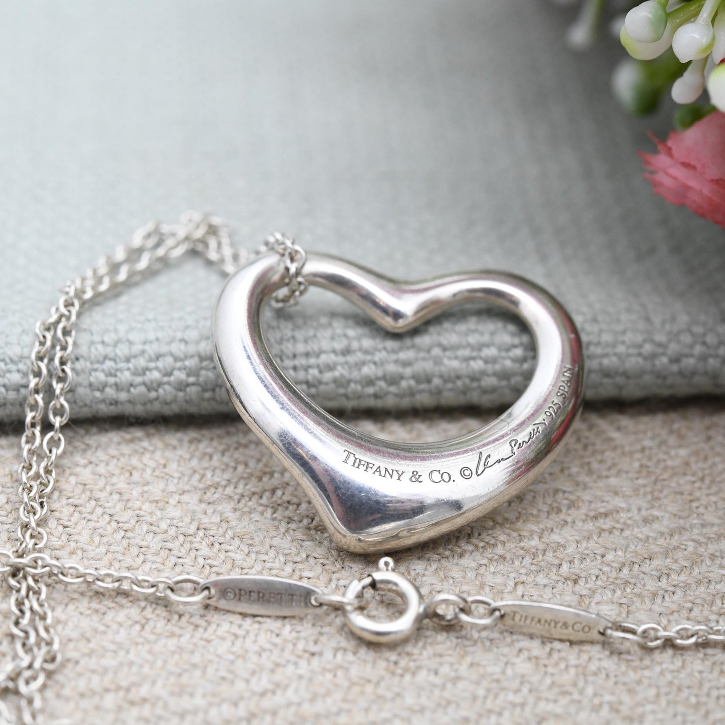 Tiffany & Co Elsa Peretti Open Heart Pendant Necklace Sterling Silver - Large Size 27mm | Genuine Signed Designer Jewellery Cable Chain 18"