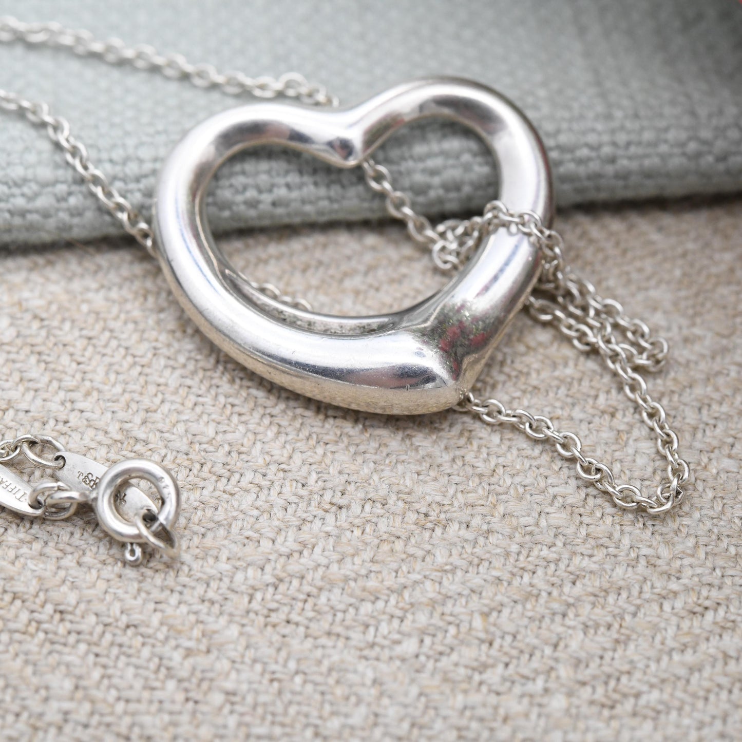 Tiffany & Co Elsa Peretti Open Heart Pendant Necklace Sterling Silver - Large Size 27mm | Genuine Signed Designer Jewellery Cable Chain 18"