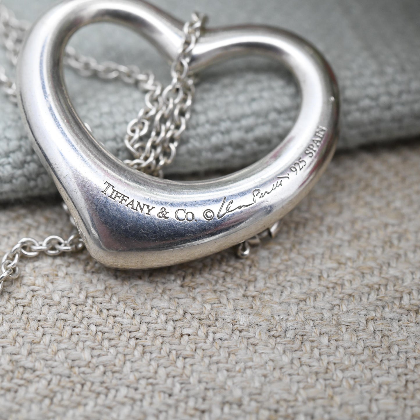 Tiffany & Co Elsa Peretti Open Heart Pendant Necklace Sterling Silver - Large Size 27mm | Genuine Signed Designer Jewellery Cable Chain 18"
